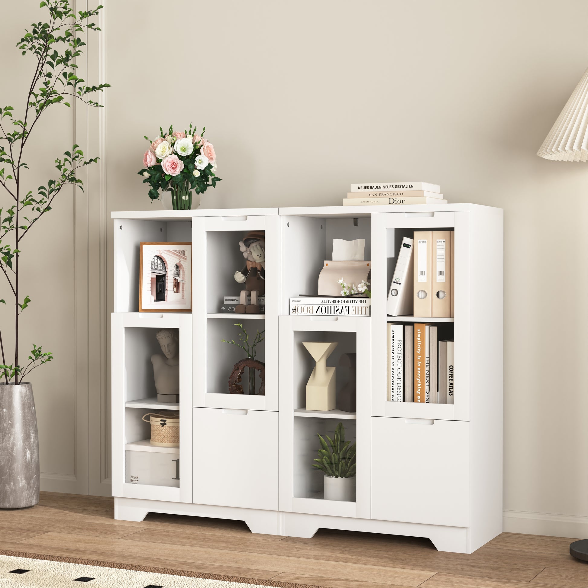 Wooden Floor Cabinet With 2 Glass Doors And 2 Storage Space,White ,Living Room Bathroom Entryway White White Mdf