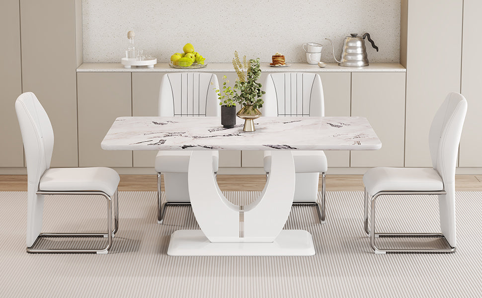 Table And Chair Set, Modern Luxurious White Imitation Marble Pattern Mdf Dining Table,Rectangular Dining Table, Matched With Uniquely Shaped Pu High Backrest Seats,Suitable For Various Occasions. White Seats 4 Mdf