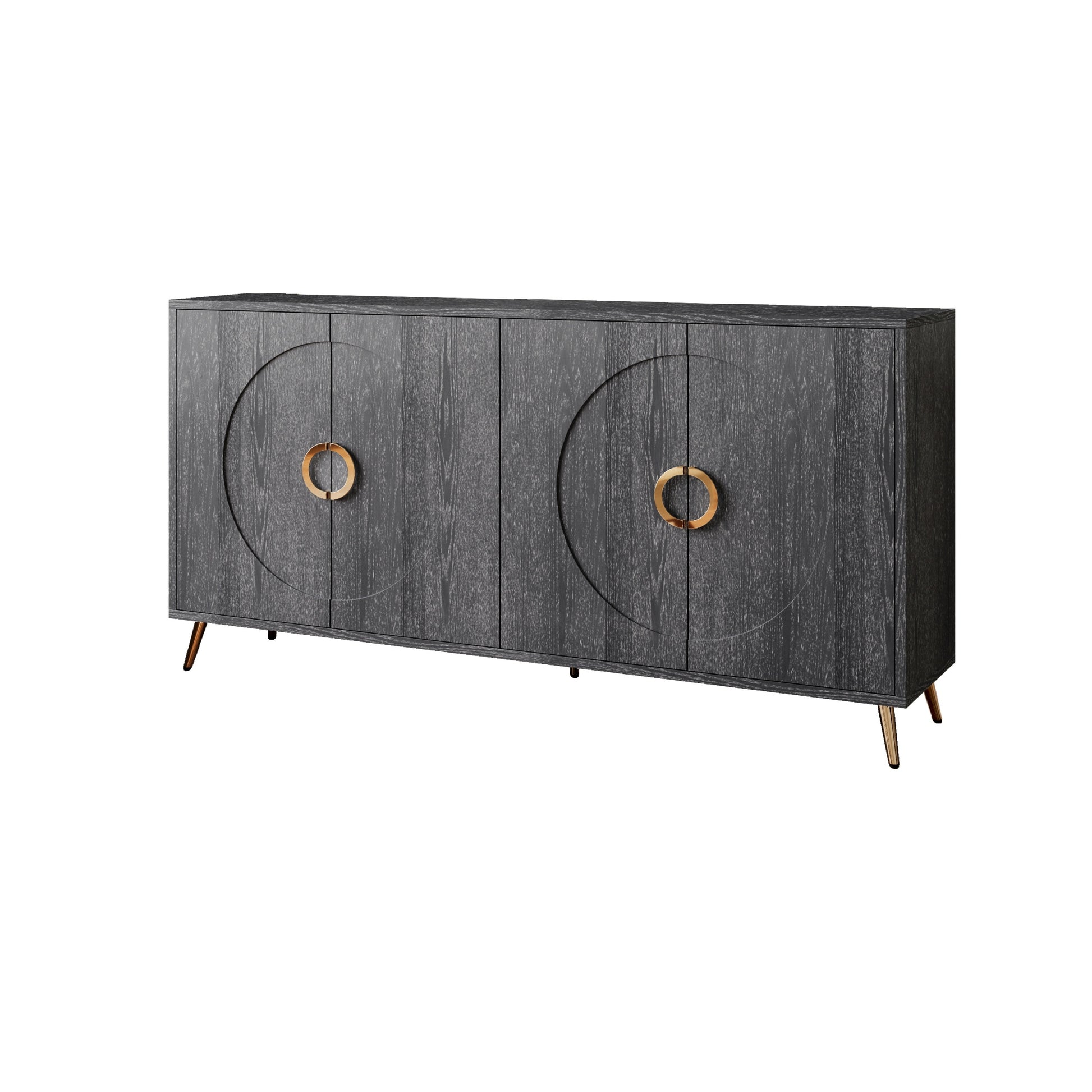 Modern Lacquered 4 Door Wooden Cabinet Sideboard Buffet Server Cabinet Storage Cabinet, For Living Room, Entryway, Hallway, Office, Kitchen And Dining Room, Distressed Black Lacquered Distressed Black Adjustable Shelves Engineered Wood