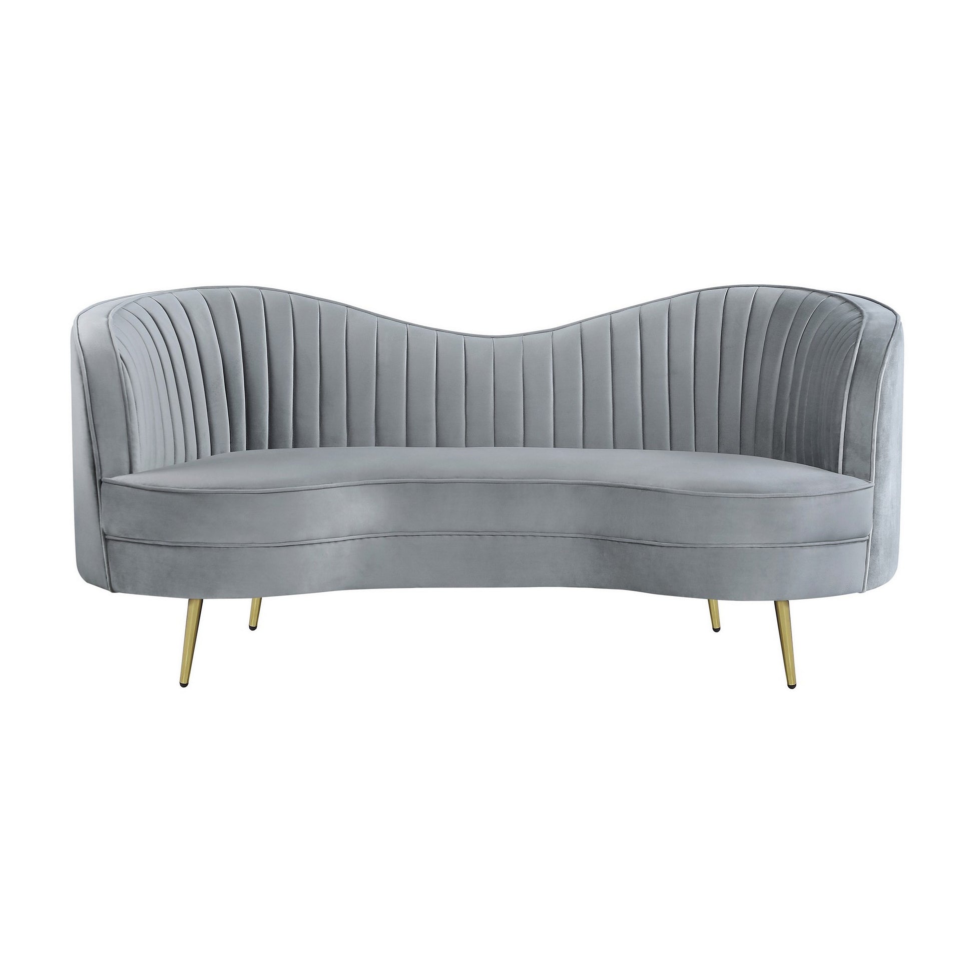 Enzo 74 Inch Modern Loveseat, Channel Tufted Kidney Shape, Gray And Gold Gray Wood 3 Seat