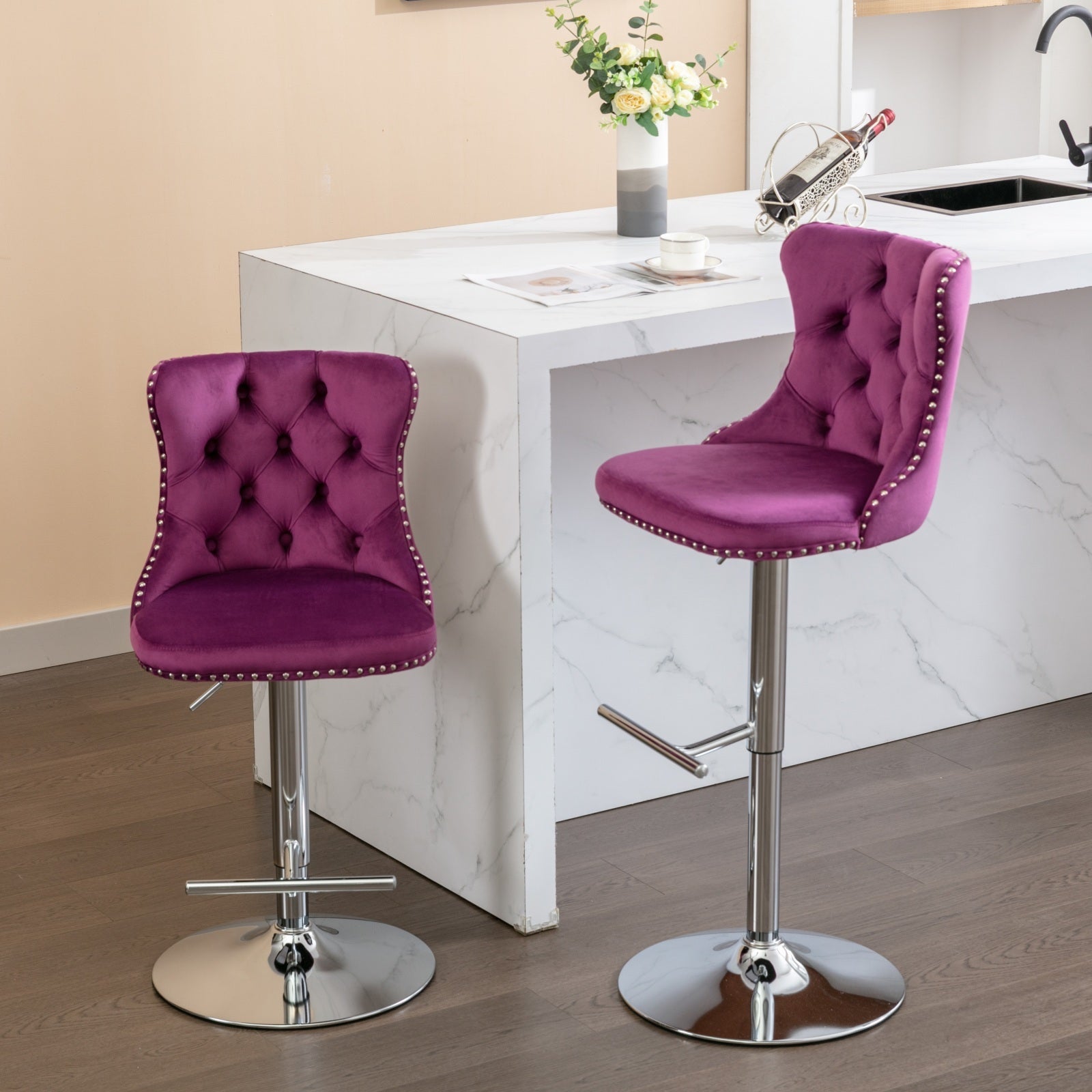 Swivel Velvet Barstools Adjusatble Seat Height From 25 33 Inch, Chrome Base Bar Stools With Backs Comfortable Tufted For Home Pub And Kitchen Island, Purple,Set Of 2,1712Pp Purple Dining Room American Design Foam Velvet