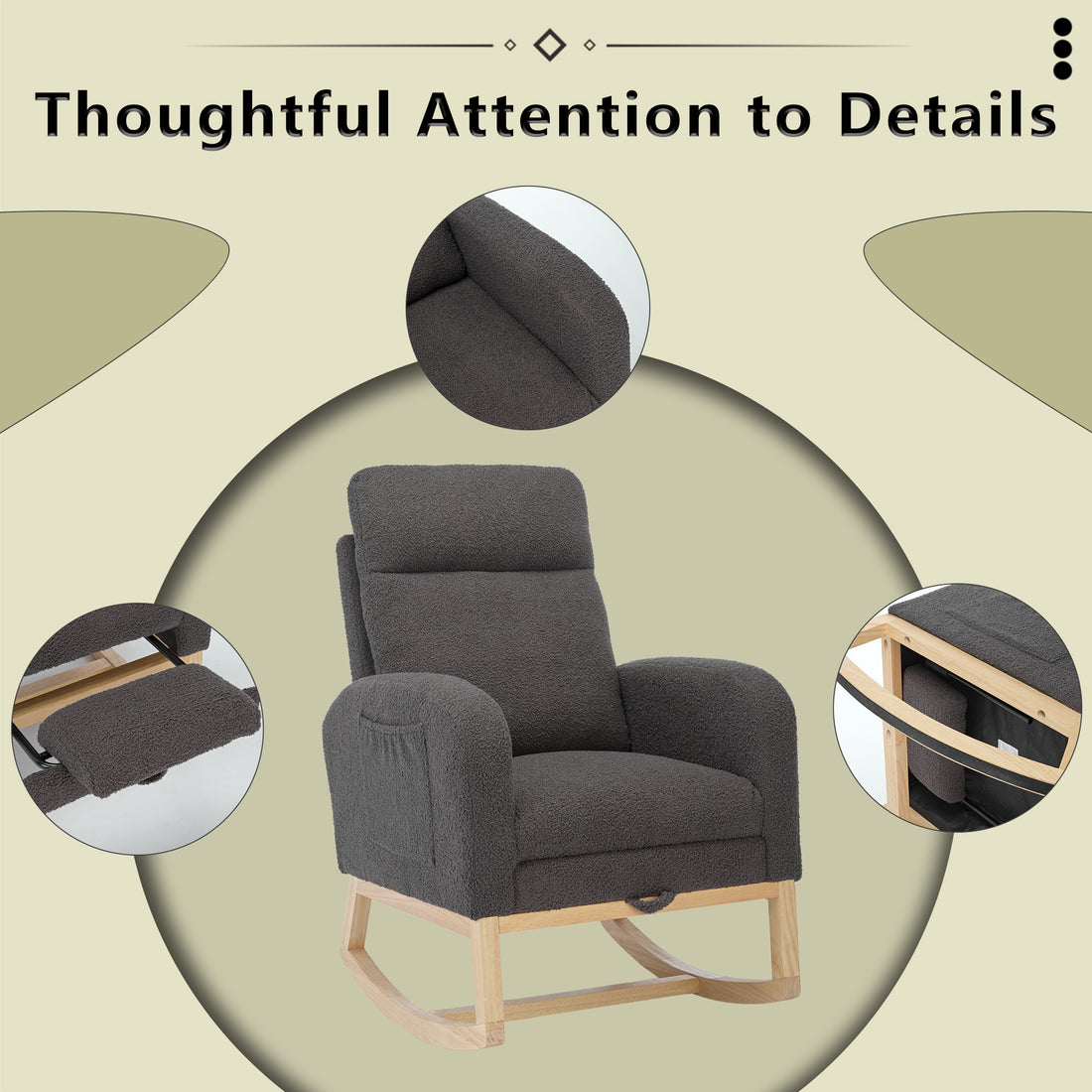 Modern Accent Rocking Chair Rocking Chair With Solid Wood Legs, Upholstered Nursery Glider Rocker, Comfy Armchair With Side Pocket, Living Room Lounge Arm Chair With High Backrest Teddy Gray Polyester Blend