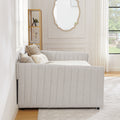 Full Size Daybed With Trundle Upholstered Sofa Bed, With Vertical Stripes, Linen Fabric, Beige 82.5