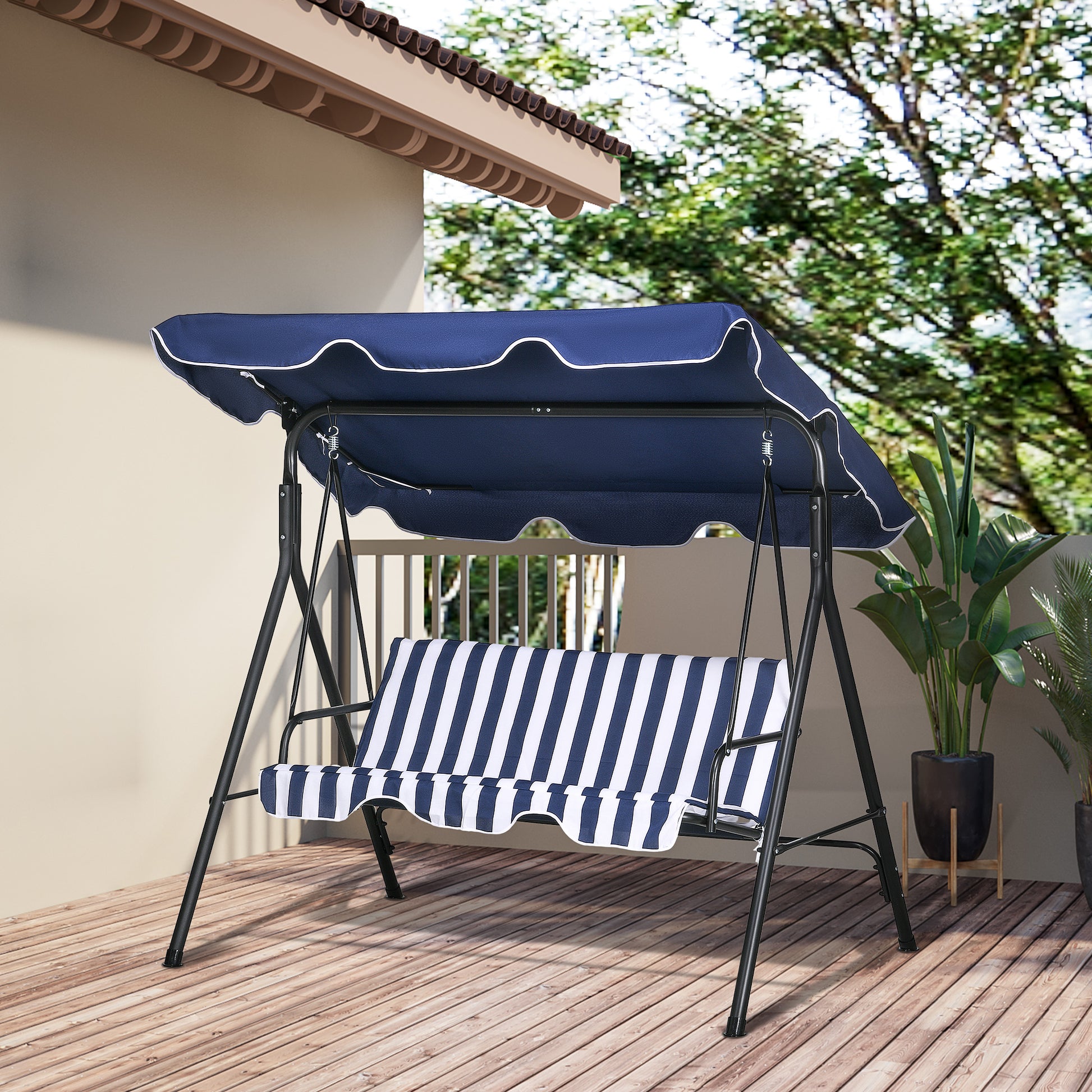 Outsunny 3 Seat Outdoor Patio Swing Chair With Removable Cushion, Steel Frame Stand And Adjustable Tilt Canopy For Patio, Garden, Poolside, Balcony, Backyard, Dark Blue Dark Blue Steel