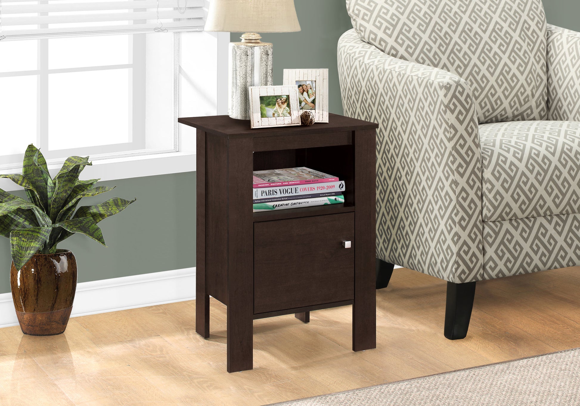 Accent Table, Side, End, Nightstand, Lamp, Storage, Living Room, Bedroom, Brown Laminate, Transitional Espresso Particle Board