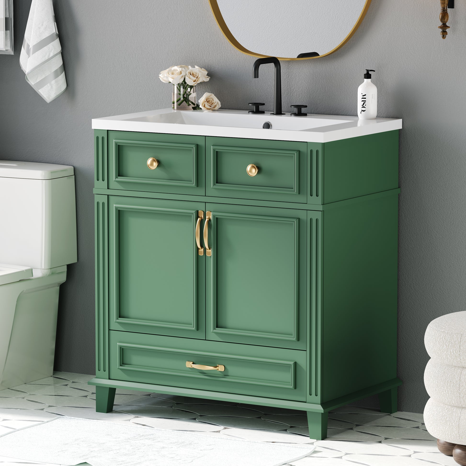 30'' Bathroom Vanity With Resin Sink, Solid Wood Frame Bathroom Storage Cabinet With Soft Closing Doors, Retro Style, Green Same As Sw000118Aaf Green Bathroom Modern Solid Wood Mdf Resin