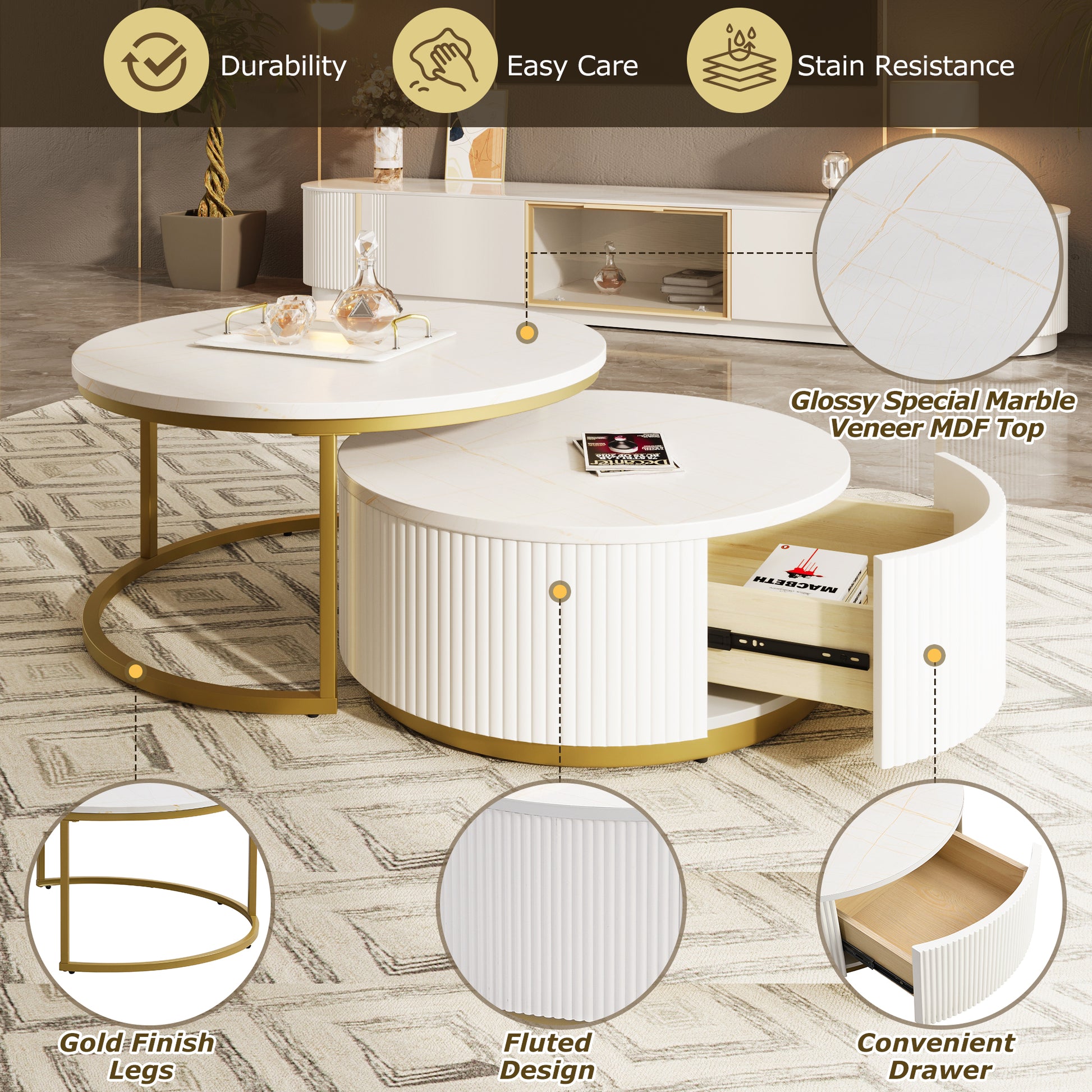 Modern Round Nesting Coffee Table Fluted With Drawer In White & Gold In 31.5'' Golden White Drawers Coffee & End Tables Glossy Round Metal Mdf Pedestal