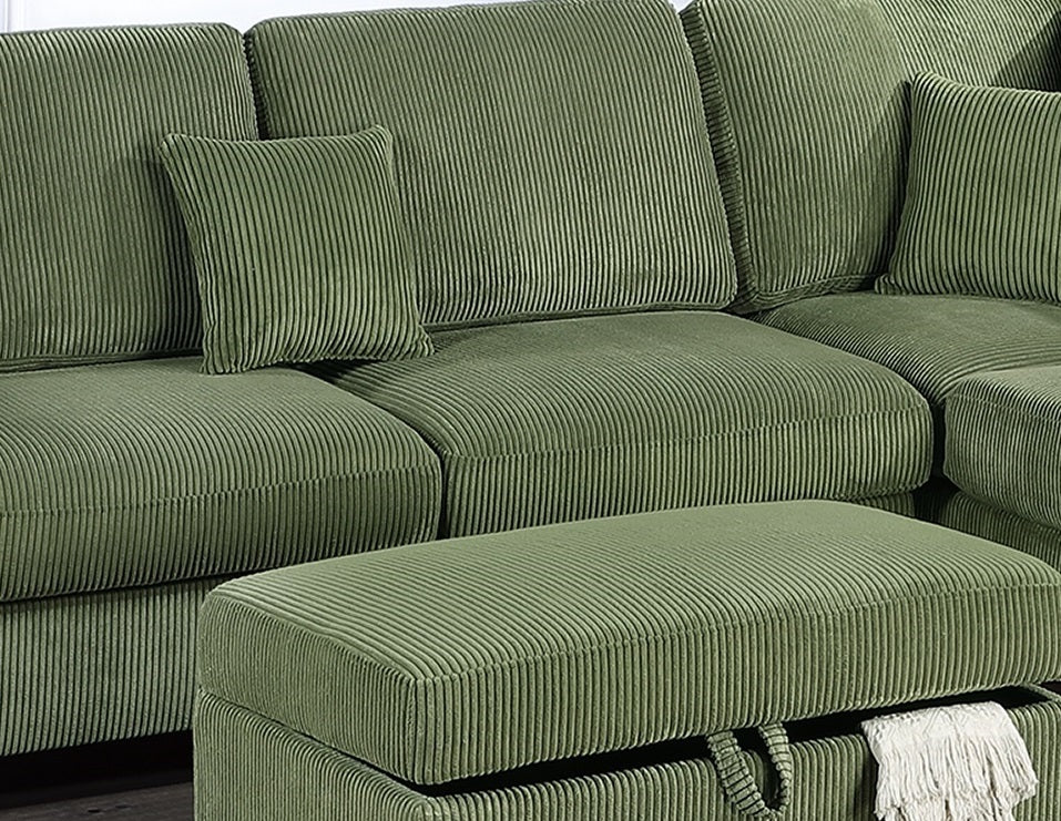 Gorgeous Sage Color 3Pc Sectional Set Corduroy Upholstered Laf Sofa Raf Chaise Ottoman L Sectional Living Room Furniture Sage Primary Living Space Cushion Back Contemporary,Modern L Shaped Rubberwood Rolled Arms Corduroy 6 Seat