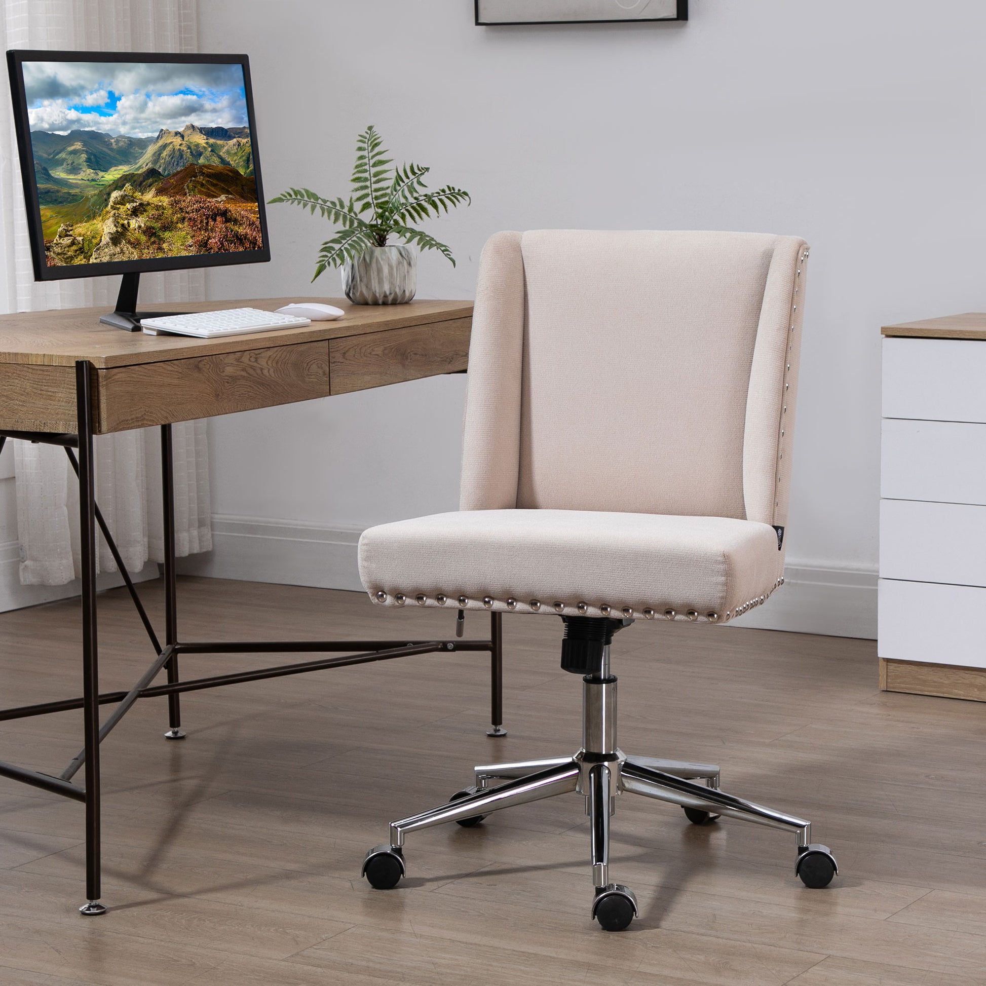 Vinsetto Mid Back Home Office Chair, Task Chair With Tilt, 360 Swivel, Padded Desk Chair With Adjustable Height, Beige Beige Steel