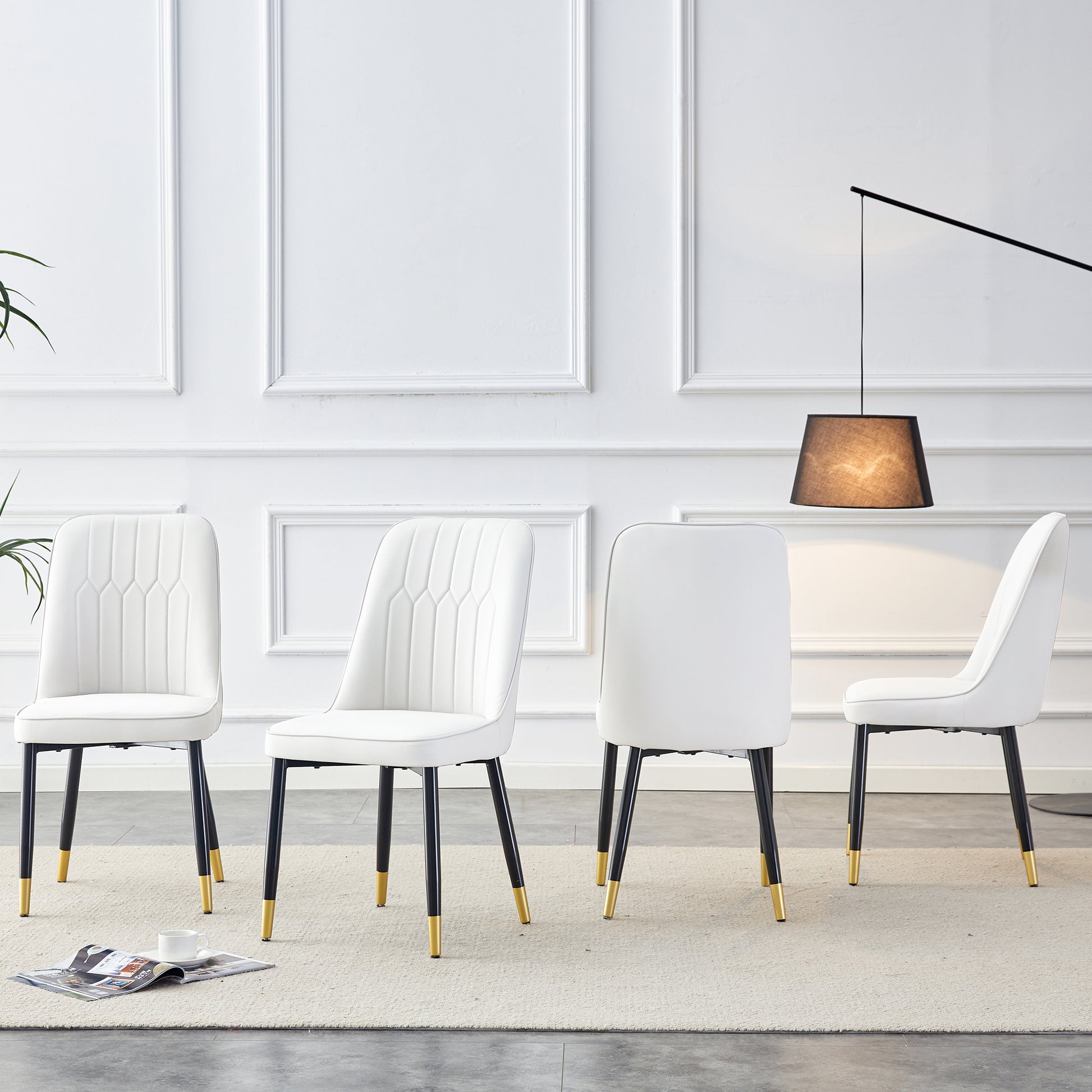 Large Modern Minimalist Rectangular Dining Table With 0.39 "Imitation Marble Black Tabletop And Golden Metal Legs, Paired With Chairs With Pu Cushions And Black Metal Legs. F 1537 C 007 Black Gold Glass Metal