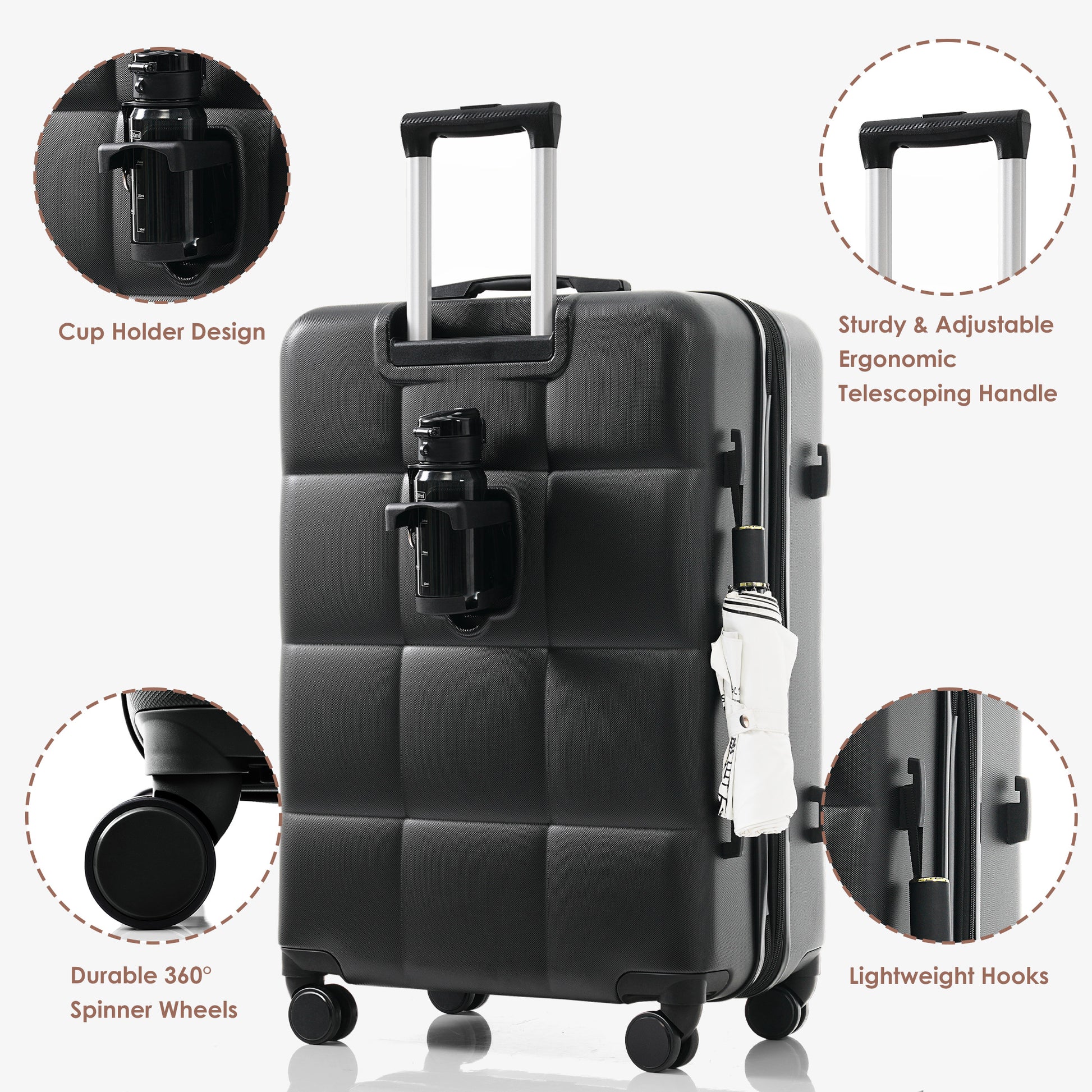 3 Piece Luggage Set With 20" Front Opening Carry On, 28" Expandable Suitcase, And Expandable Travel Bag, Black And Brown Black Brown Abs