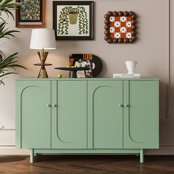 Stylish And Functional 4 Door Intaglio Storage Cabinet With Pine Legs, Solid Wood Pulls And Mdf, For Living Room Bedroom,And Kitchen,Mint Green Mint Green Mdf