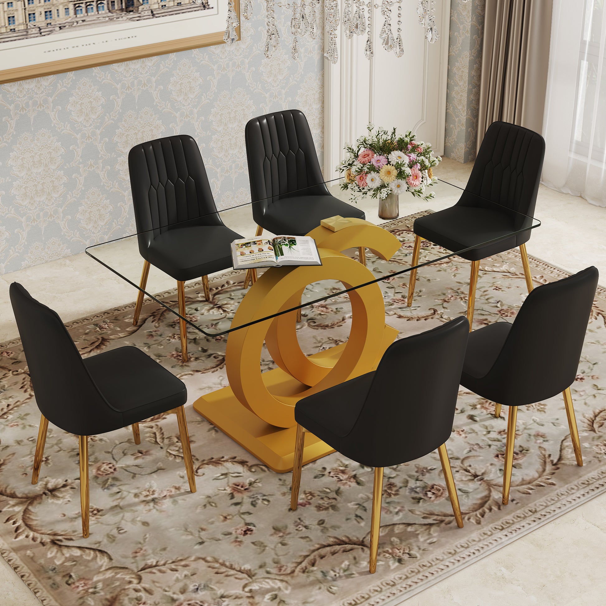 Table And Chair Set.63"W X 35.4"D X 30"H Clear Tempered Glass Desk And Chair Set With 6 Black Pu Chairs With Gold Metal Legs.Bring A Comfortable Home Experience To The Kitchen, Bedroom, And Office.