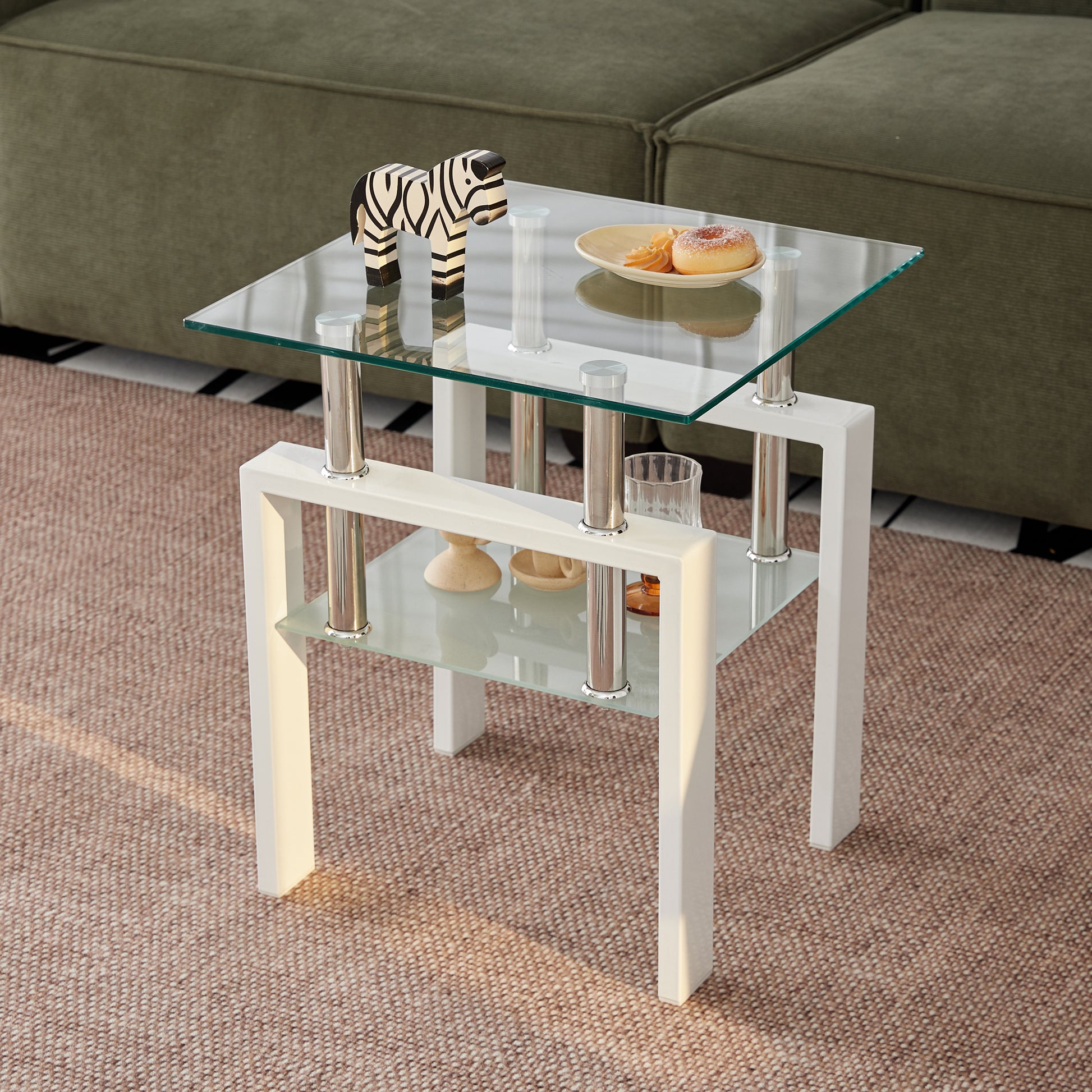 2 Pieces White Tempered Clear Glass End Table, 2 Layers Small Table With Storage, Living Room Side Table Clear Tempered Glass