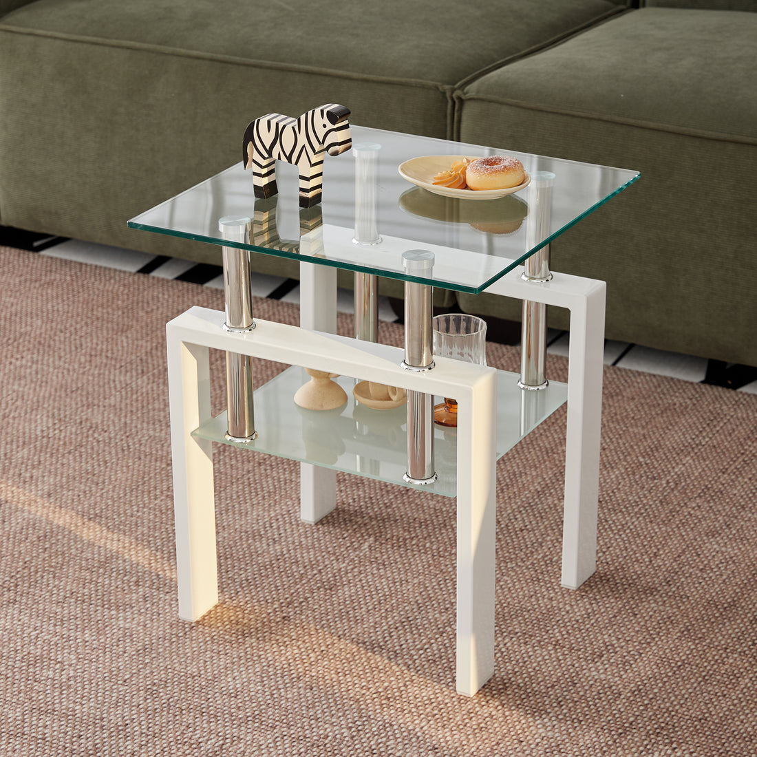 White Tempered Clear Glass End Table, 2 Layers Small Table With Storage, Living Room Side Table Clear Tempered Glass