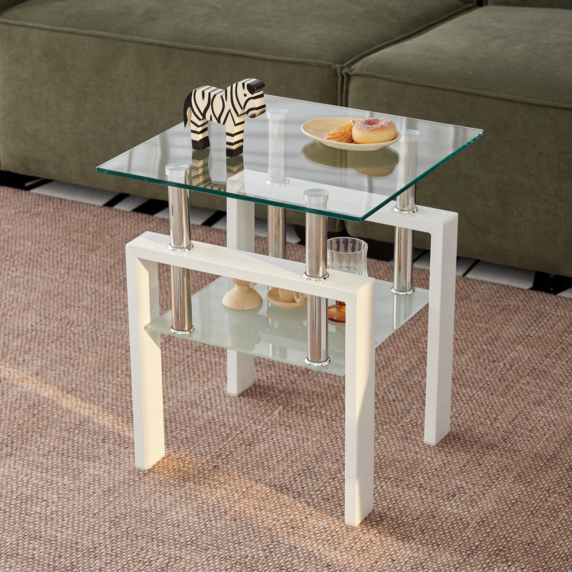White Tempered Clear Glass End Table, 2 Layers Small Table With Storage, Living Room Side Table Clear Tempered Glass