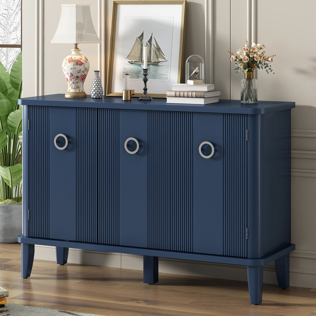 Simple And Atmospheric Solid Wood Veneer Fraxinus Mandschuric Cabinet With Three Acacia Solid Doors,Adjustable, Suitable For Study, Corridors,And Entrances. Navy Blue Mdf