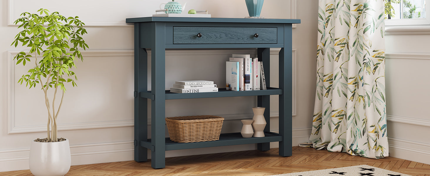 Retro Console Table With Drawer And Two Sturdy Shelves For Entryway, Living Room Navy Navy Mdf,Rubber Wood