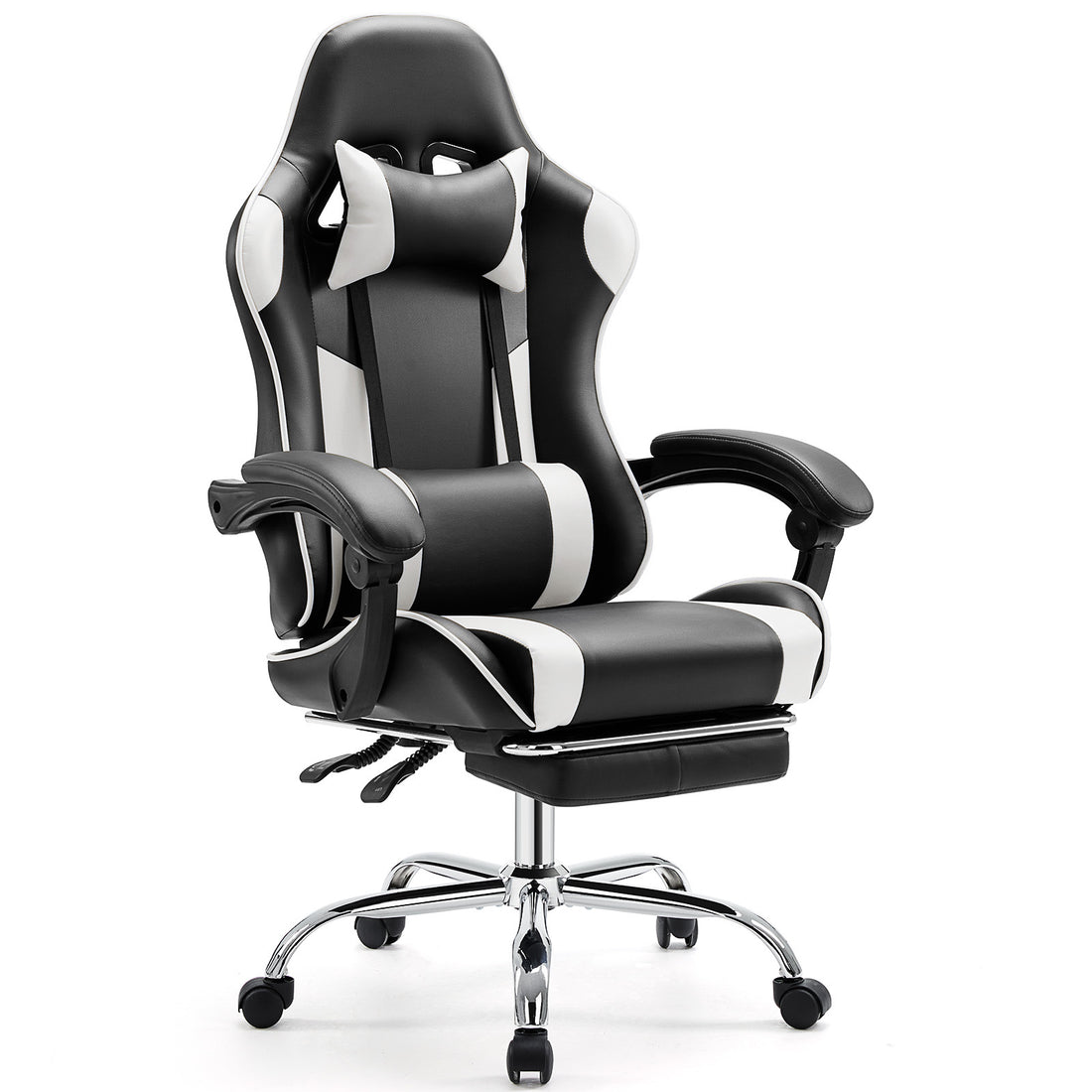 Video Game Desk Chair Ergonomic Computer With Footrest And Comfy Lumbar Support, Pu Leather Recliner With Headrest, Fixed Up Armrest, Height Adjustable With 360 Swivel, For Adults, White Black White Faux Leather