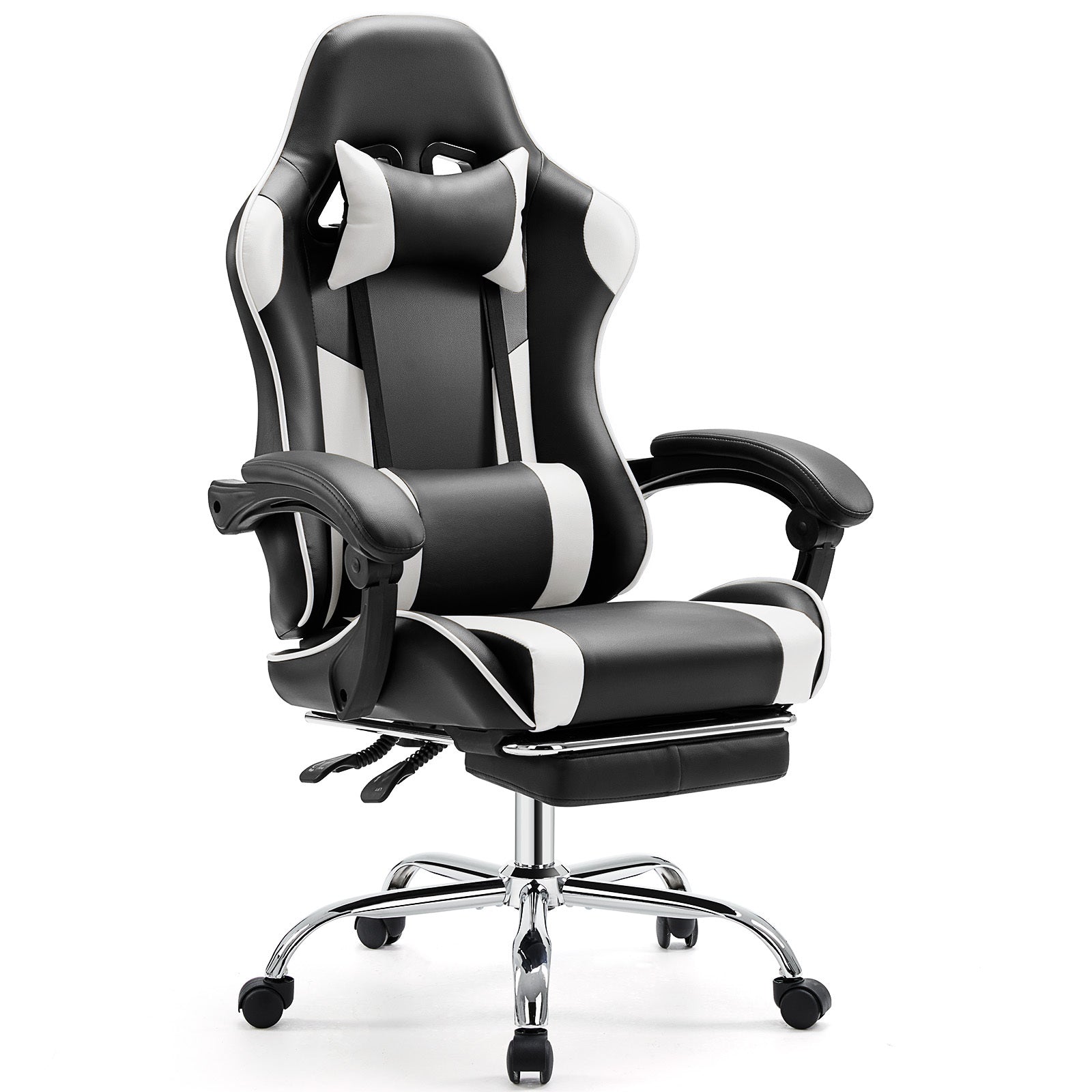 Video Game Desk Chair Ergonomic Computer With Footrest And Comfy Lumbar Support, Pu Leather Recliner With Headrest, Fixed Up Armrest, Height Adjustable With 360 Swivel, For Adults, White Black White Faux Leather