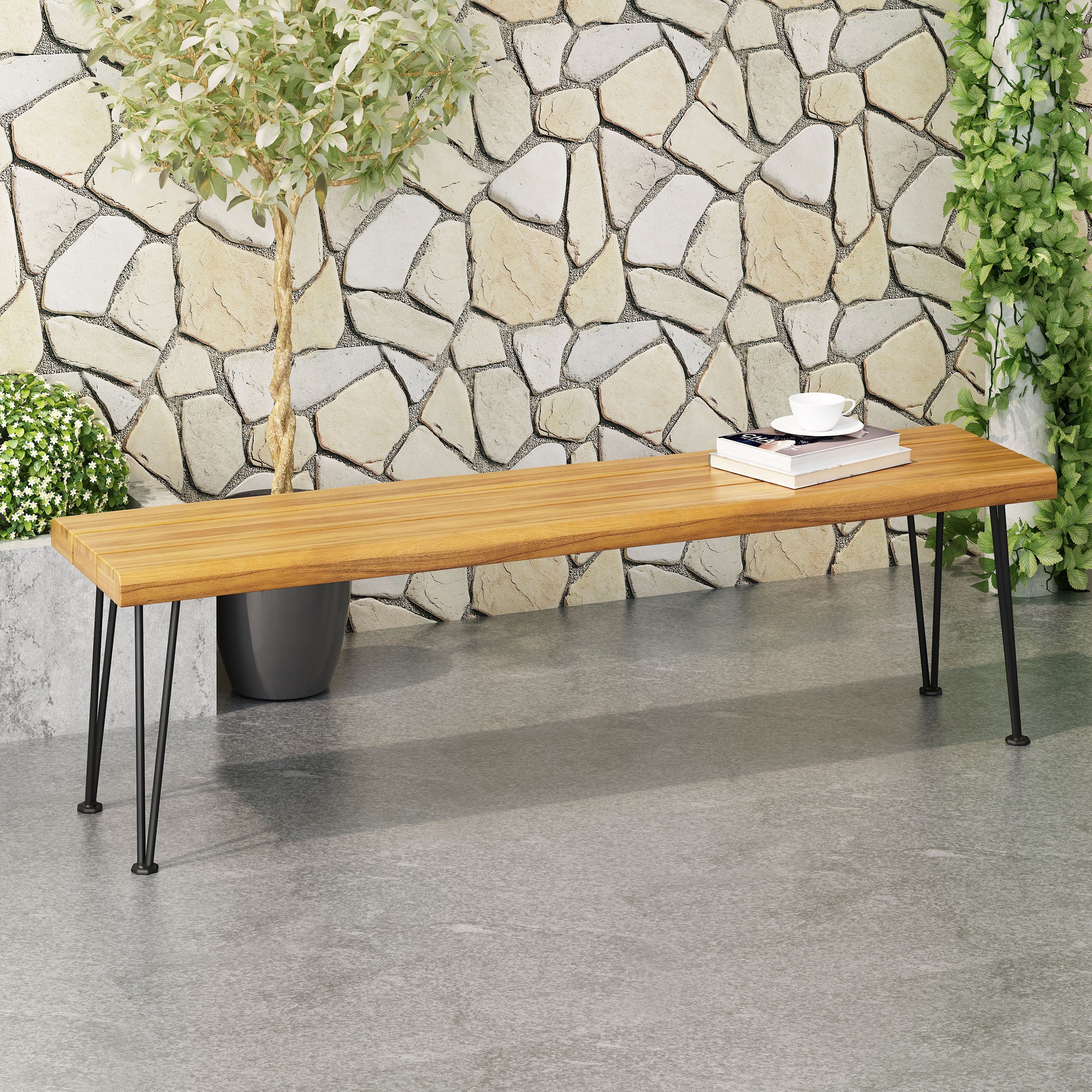 Zion Industrial Wood And Metal Rectangular Bench Teak Wood