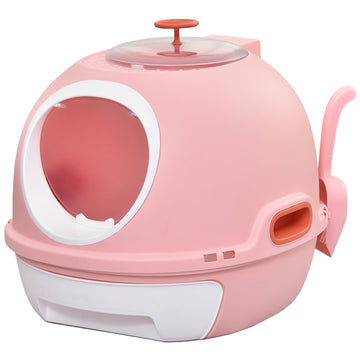 Pawhut Covered Litter Box, Litter Box With A Lid, Scoop Enclosed Drawer & Skylight For Cats That'S Easy To Clean, Pink Pink Plastic