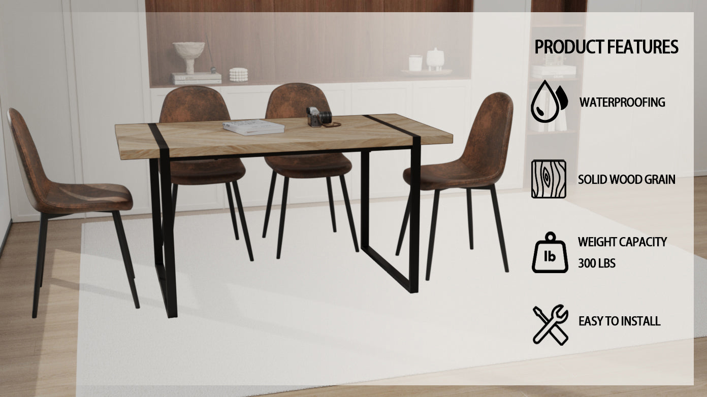 Mdf Light Wood Dining Table And Modern Dining Chair Set Of 4 Pieces, Medieval Wooden Kitchen Dining Table Set, Black Rectangular Metal Base, Dining Table And Suede Chair Set Brown Mdf