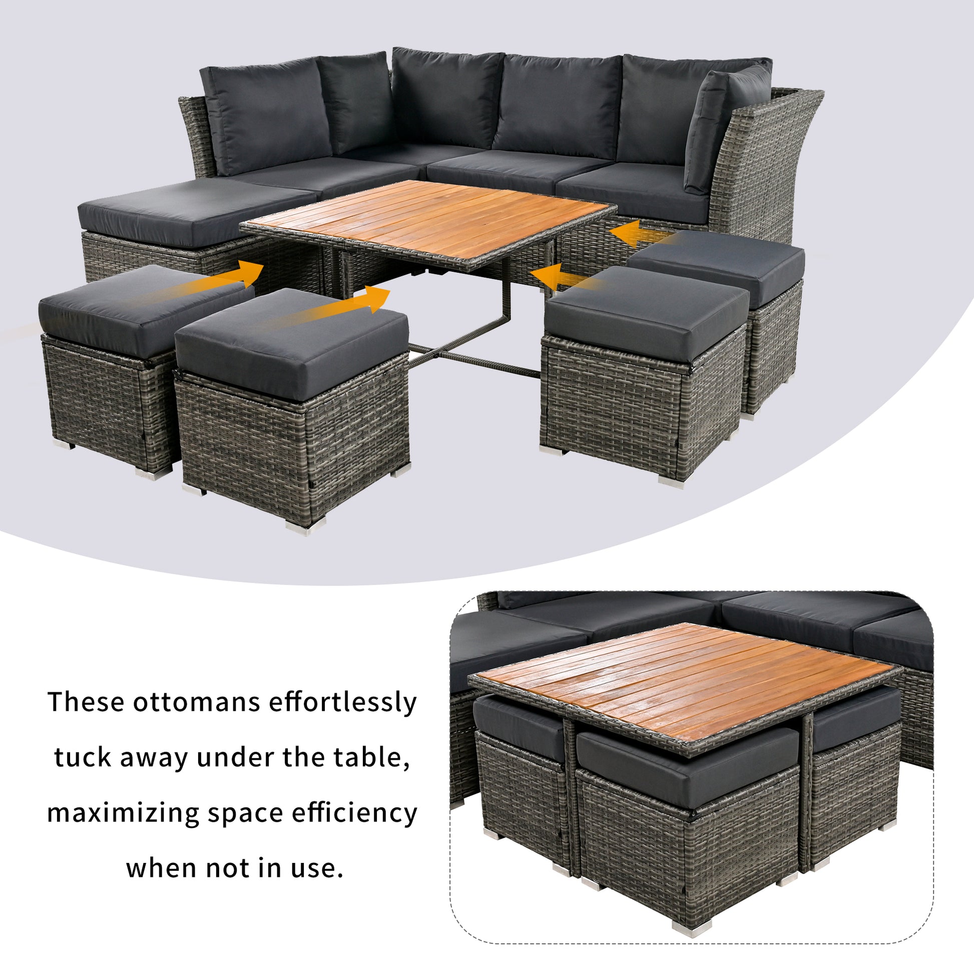 Patio Furniture Set, 10 Piece Outdoor Conversation Set, Coffeetable With Ottomans, Solid Wood Coffee Table Grey Rattan