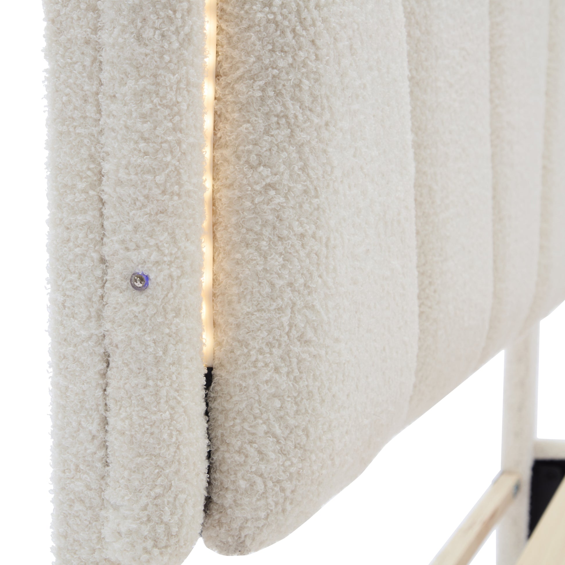 Full Size Upholstered Flower Shape Bed, Elegant Flowers Headboard With Led Light Strip, Sherpa Fabric Platform Bed With Wooden Slats Support, White Full White Wood