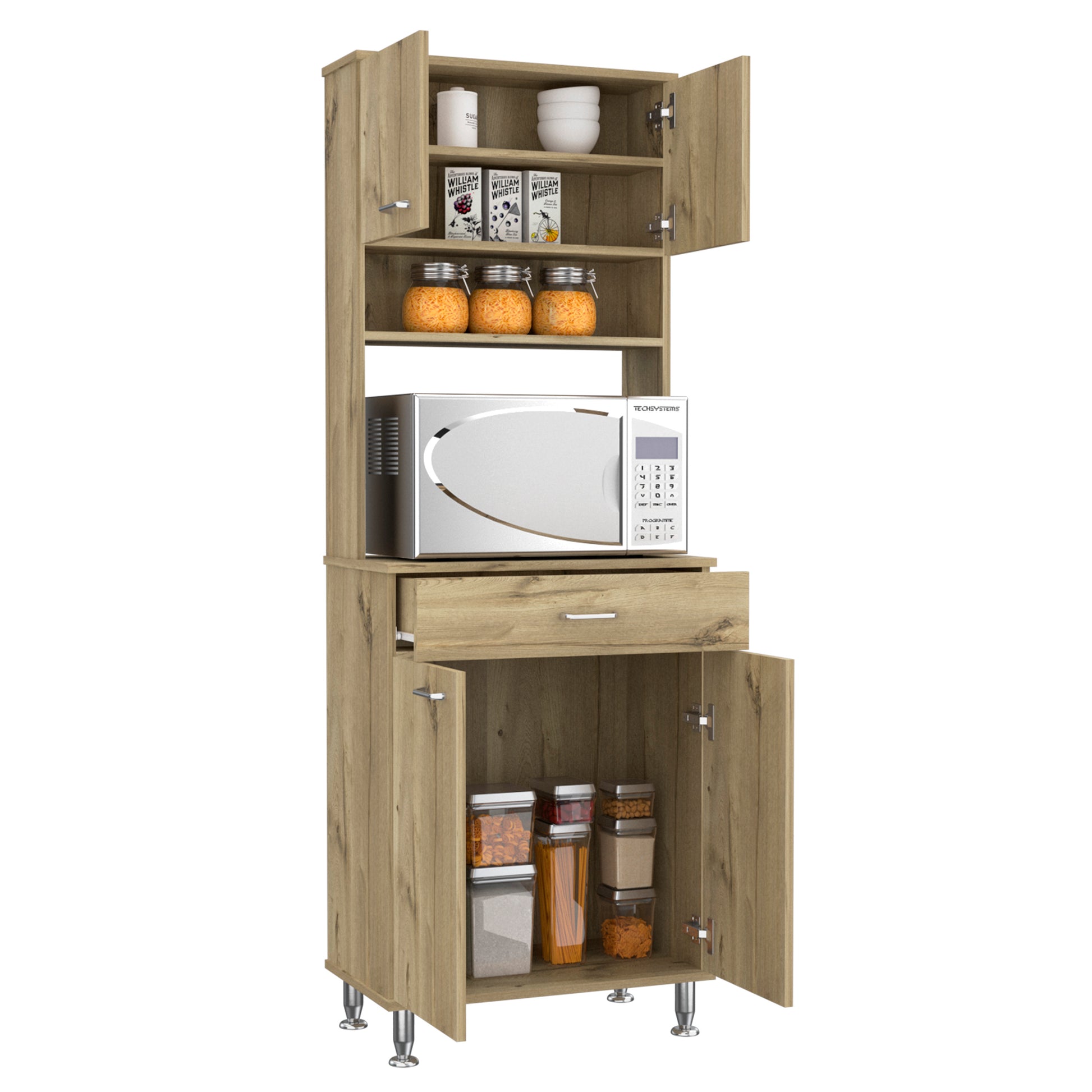 Bay Area Pantry, Two Door Cabinets, One Drawer, Four Adjustable Metal Legs Beige Kitchen Contemporary Melamine Engineered Wood