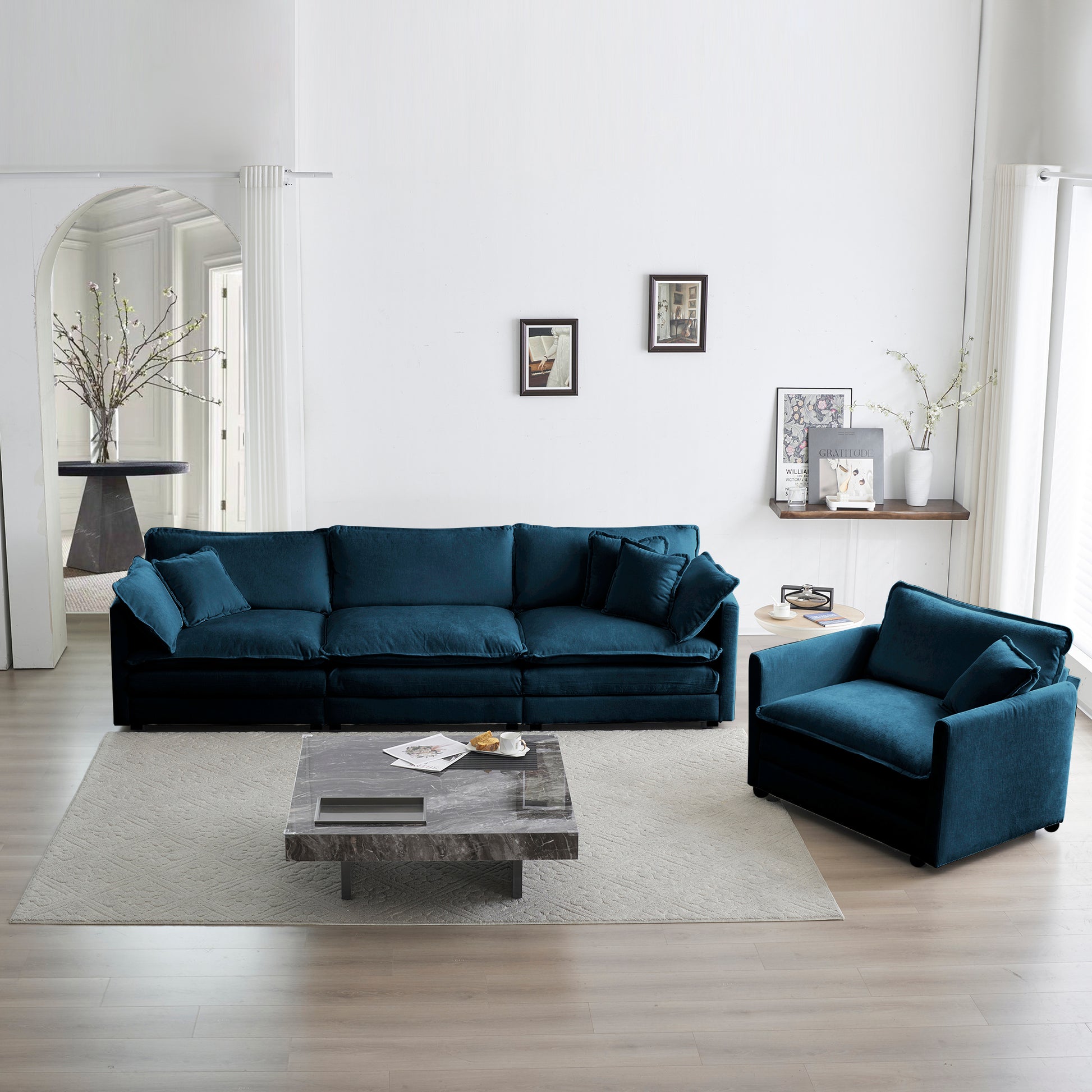 3 Piece Upholstered Sofa, Living Room Sectional Sofa Set Modern Sofa Couches Setdeep Seat Sofa For Living Room Apartment, 1 3 Seat Blue Blue Chenille 4 Seat