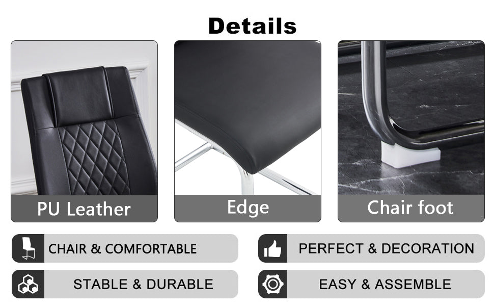 Table And Chair Set. Large Modern Rectangular Table With White Textured Top And Silver Metal Legs. Soft And Comfortable Pu Seats, Faux Leather Upholstered Seats And Sturdy Metal Legs. White Black Mdf Metal