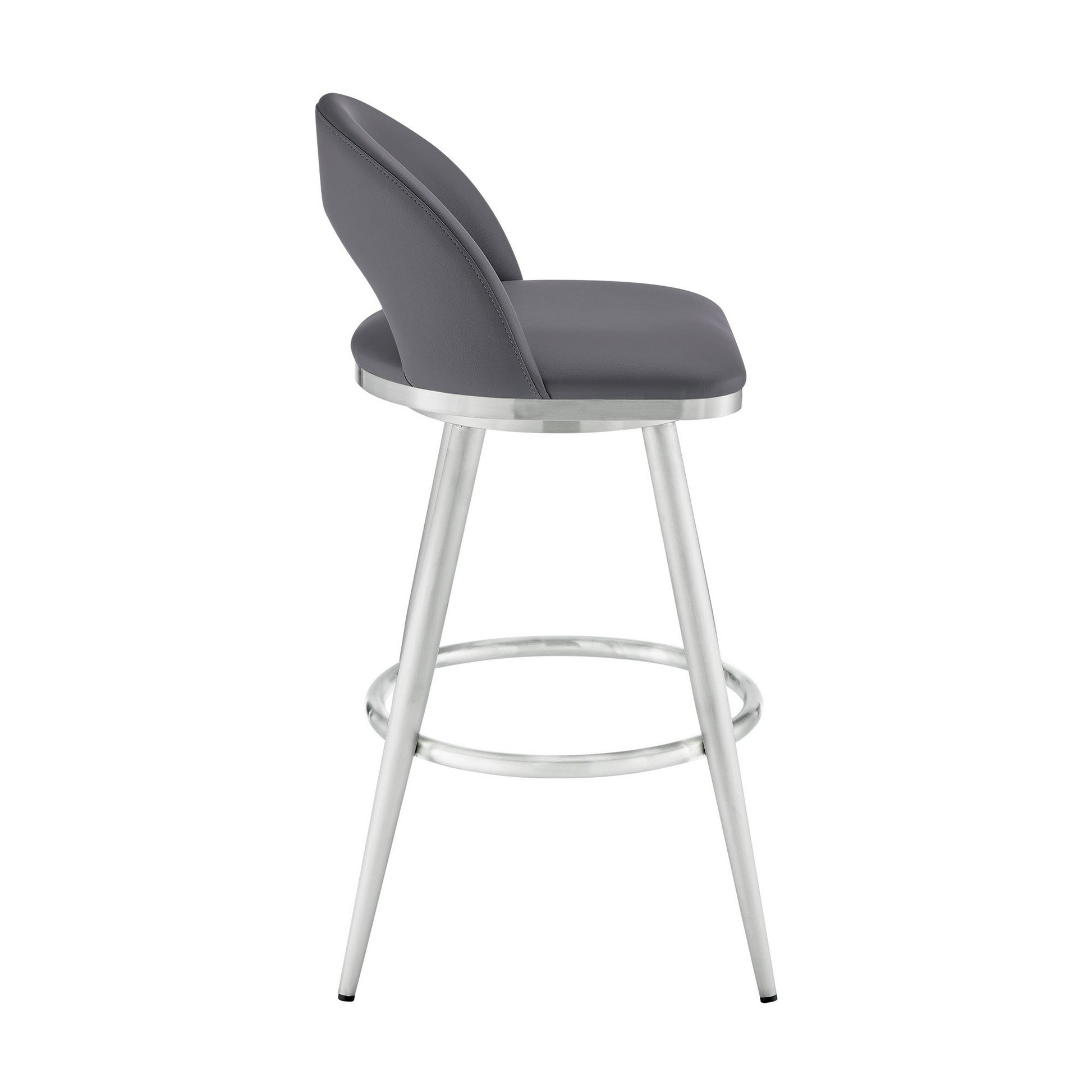 Teco 26 Inch Swivel Counter Stool, Chrome, Curved Back, Gray Faux Leather Gray Steel