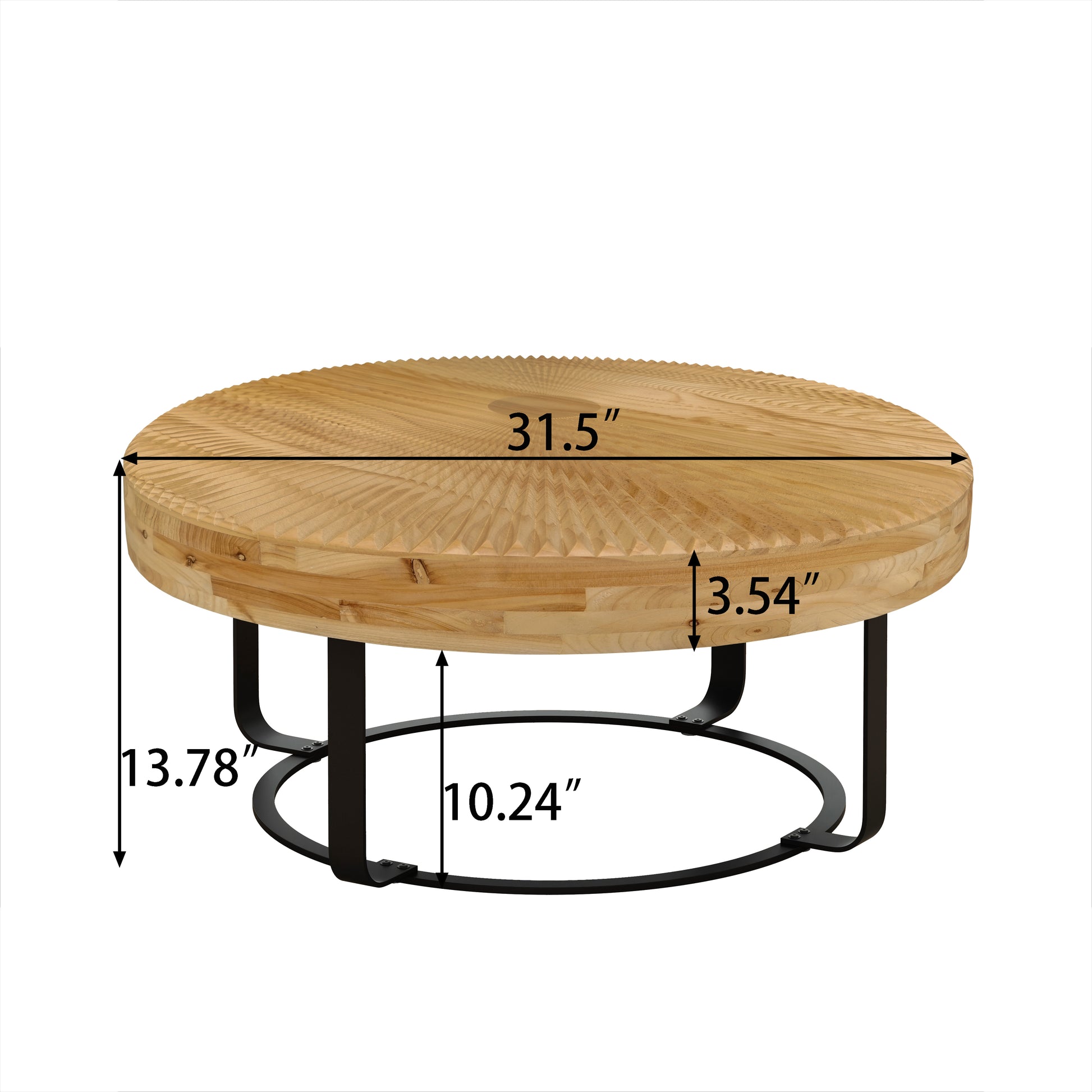 Modern Round Coffee Table Wooden Carving Pattern Coffee Table With Metal Legs For Living Room Reception Room Office ,Black Natural Black Pine