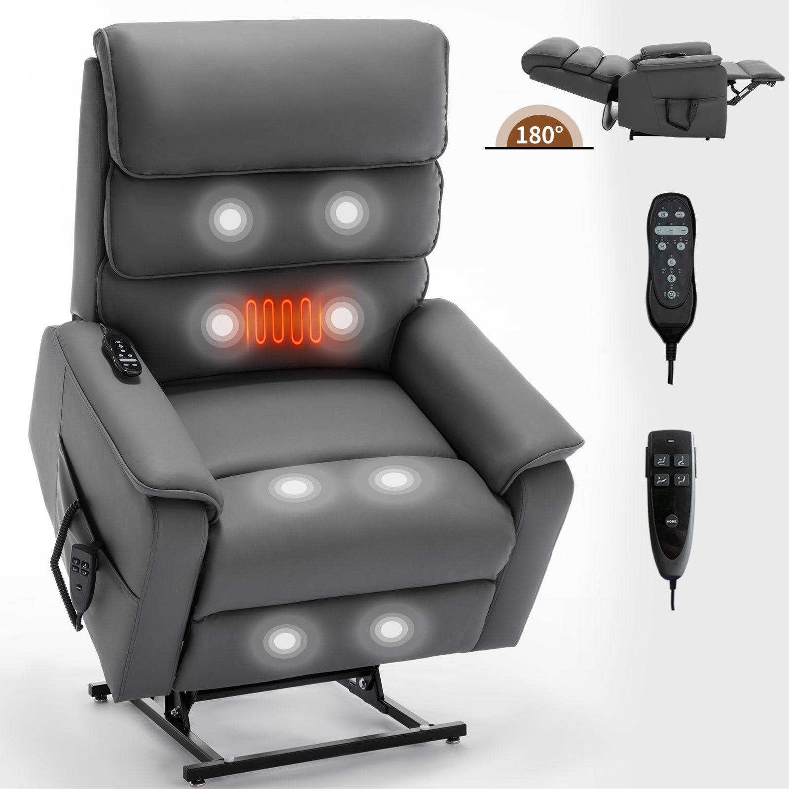 Grey Cat Proof Leather Dual Motor Infinite Position Up To 350 Lbs Power Lift Recliner Chair With Power Remote, Heat Massage And Heavy Duty Motion Mechanism White Metal Primary Living Space Heavy