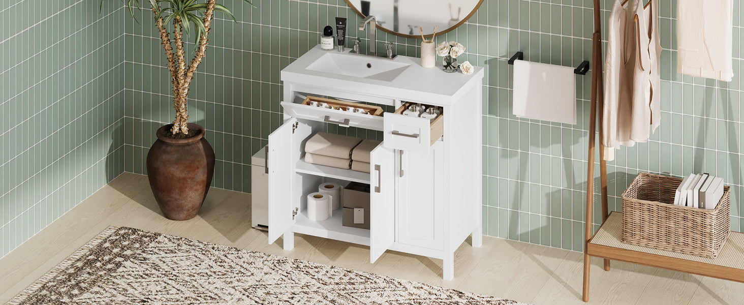 36" White Bathroom Vanity Cabinet With Resin Integrated Sink 2 Drawers, 3 Doors White Bathroom Solid Wood Mdf Resin