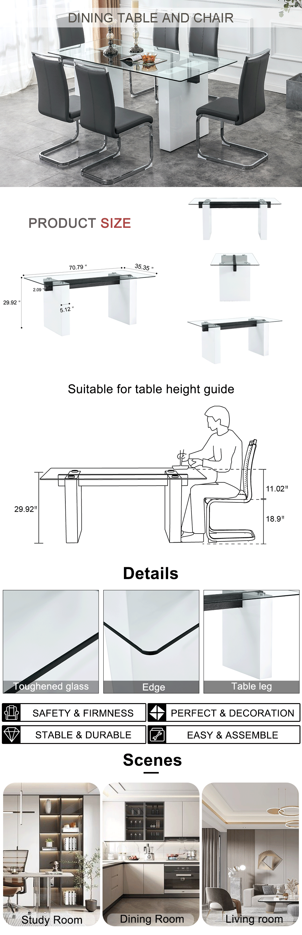 Large Modern Rectangular Table With 0.4 Inch Patterned Tabletop And Large Mdf Table Legs, Suitable For Kitchen, Dining Room, And Living Room 71 "* 35.4" * 30 " White Mdf Glass