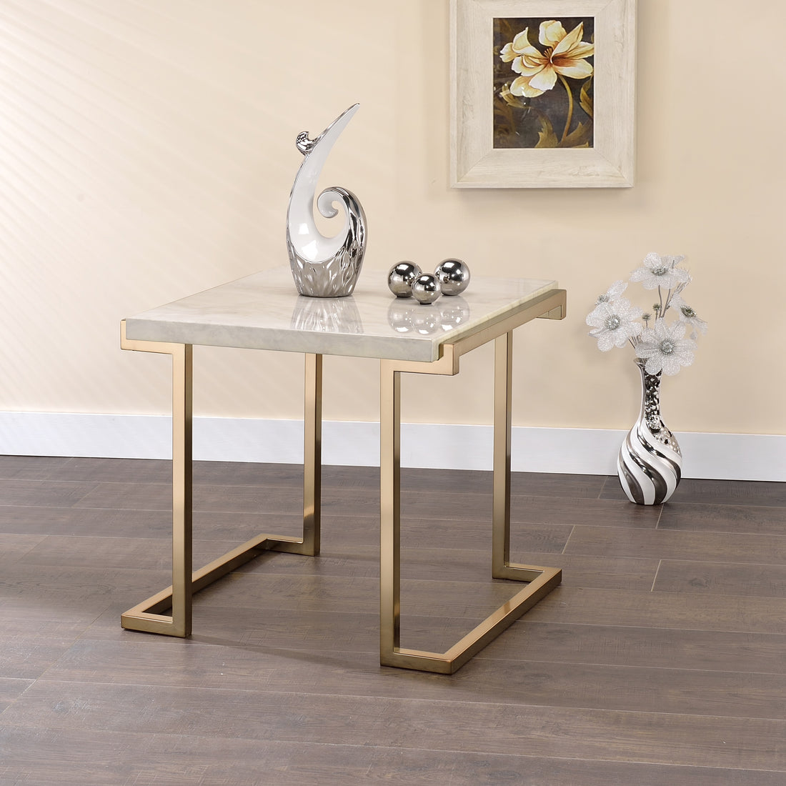 White And Champagne Sled Base End Table White Gold Primary Living Space Contemporary Rectangular Wood Metal Sled