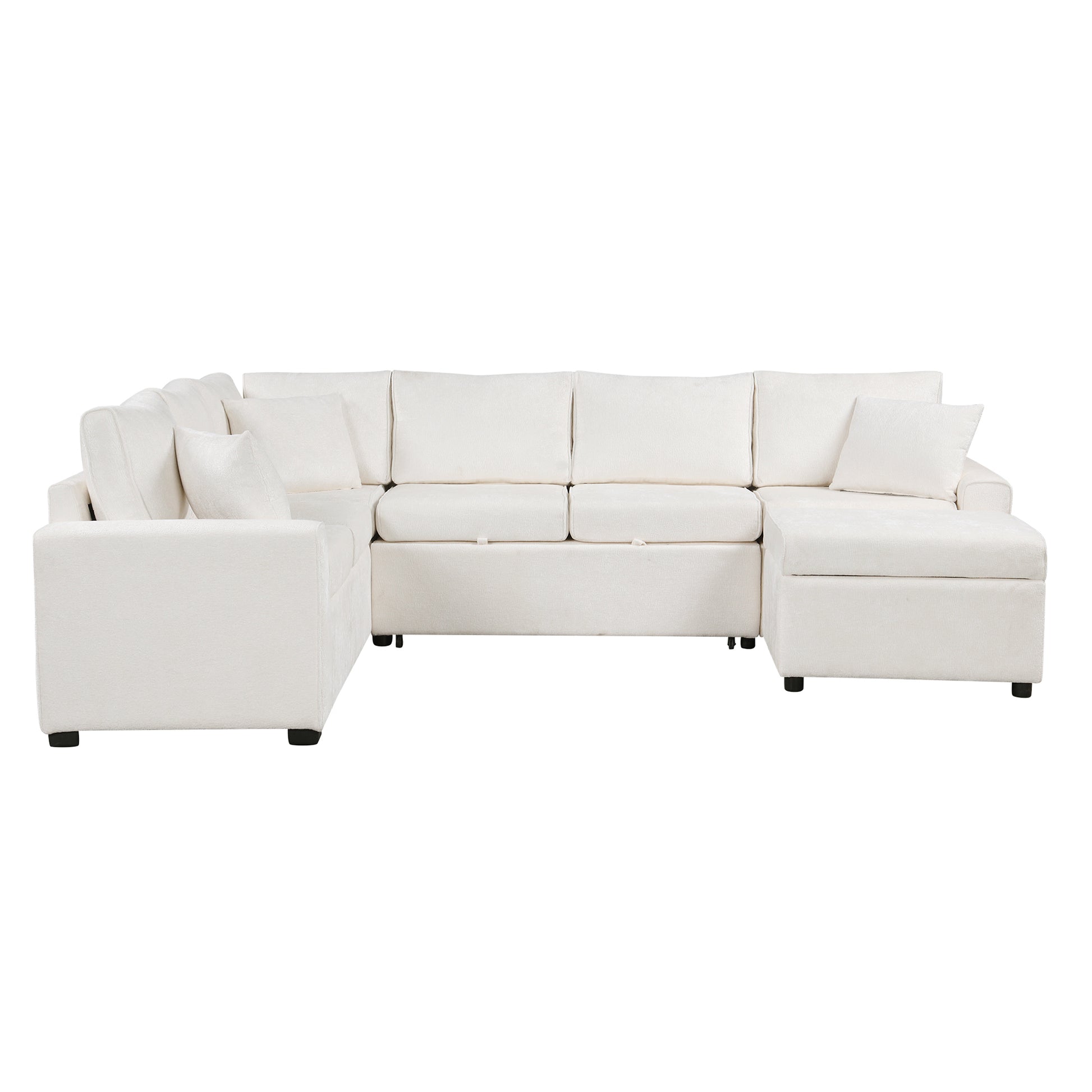 112.2" Sectional Sofa Pull Out Sofa Bed Sleeper With A Storage Ottoman,Three Pillows And Charging Devices For Living Room, Cream Cream Foam Chenille 6 Seat