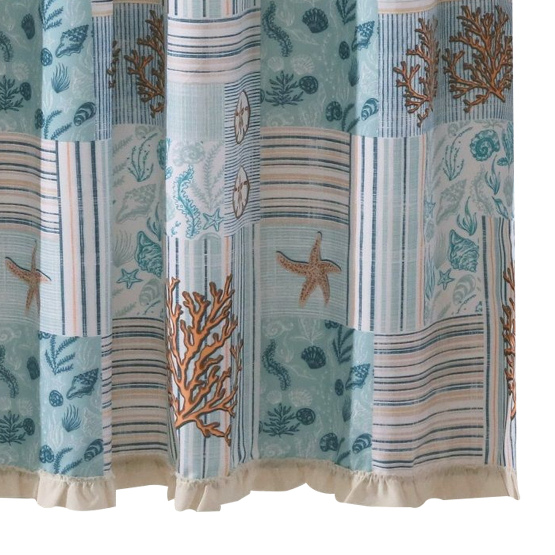 Sea Life Print Shower Curtain With Button Holes, Blue And Brown Blue Brown Fabric