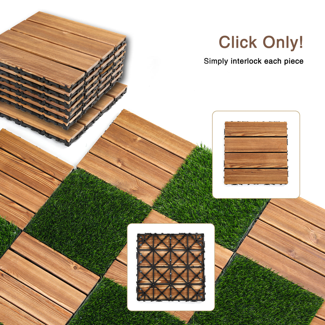 36Pcs Diy Wood Plastic Carbonized Floor, 8Pcs Simulated Lawn, Waterproof And Sunscreen Transform Your Outdoor Space Wood Wood Plastic