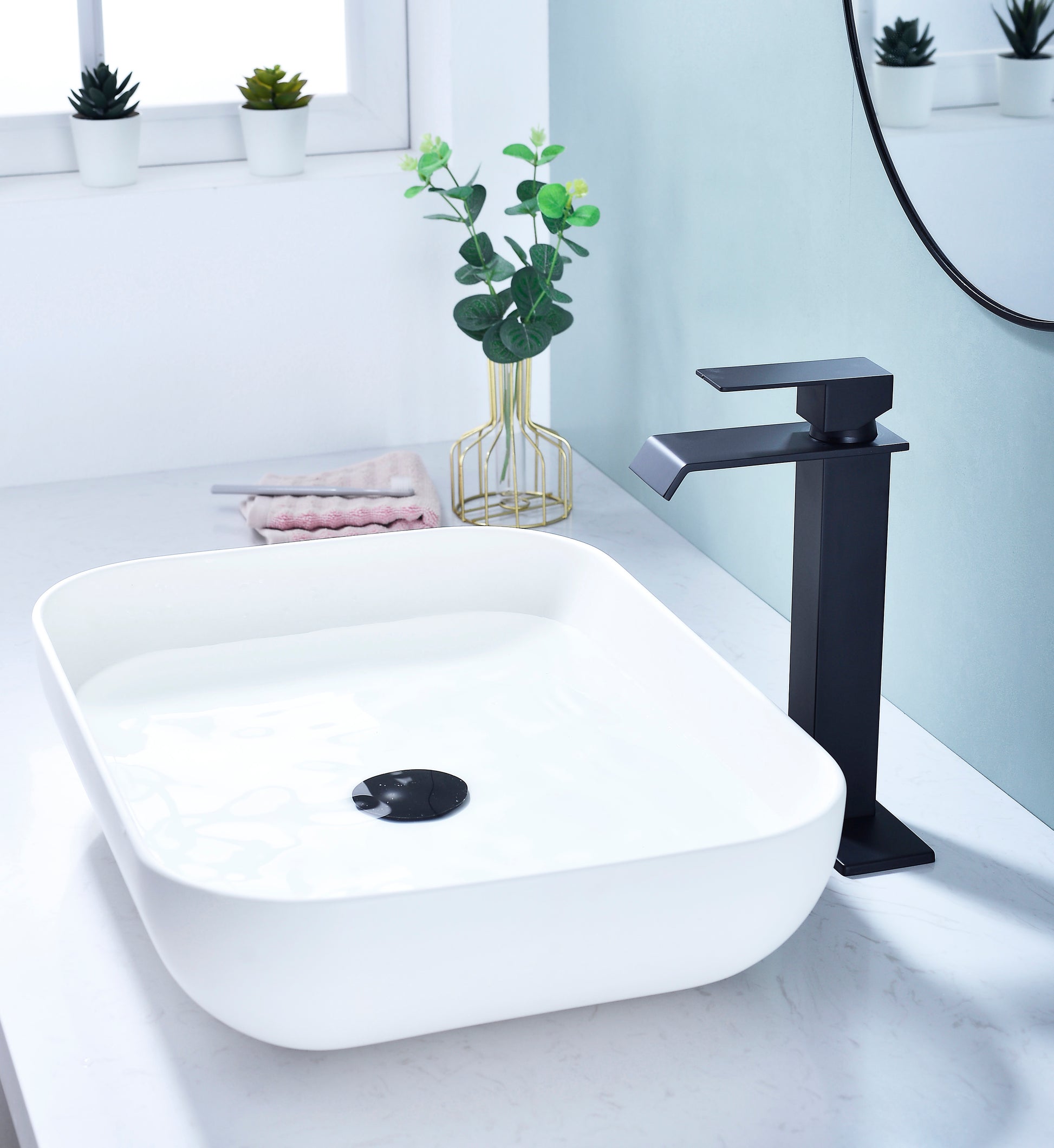 Waterfall Spout Bathroom Sink Single Handle Faucet With Pop Up Drain No Overflow Matte Black Stainless Steel