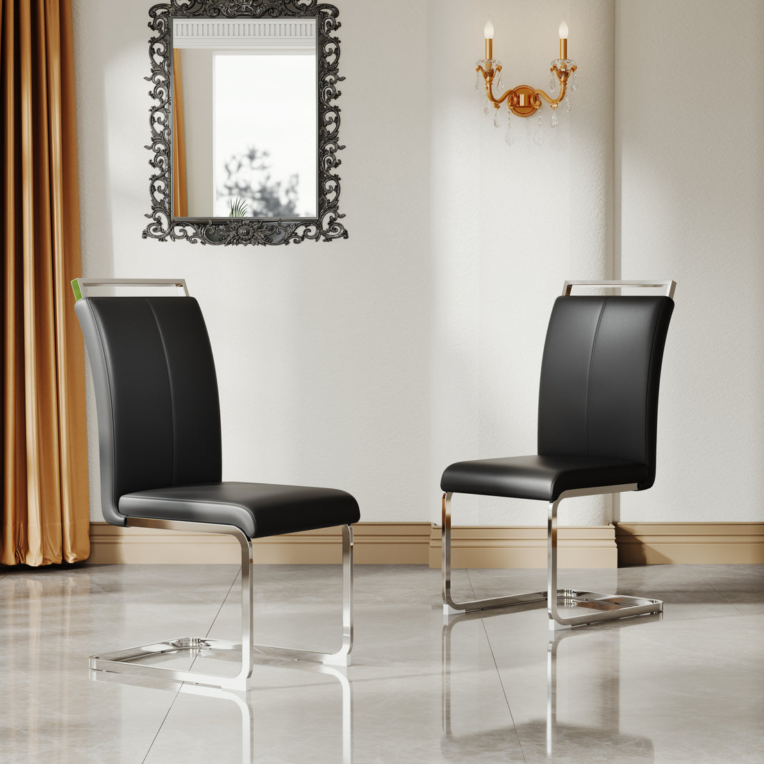 A Set Of 4 Artificial Leather Dining Chairs, Featuring An Arched Chair Design And Paired With Stainless Steel Legs. Black Silver Pu Leather