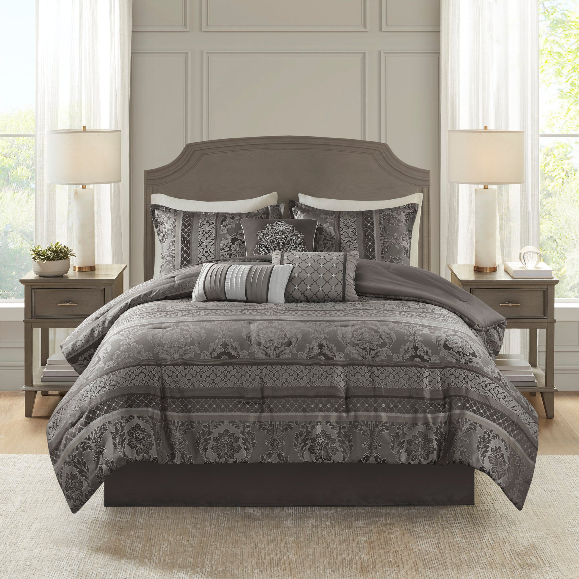 7 Piece Jacquard Comforter Set Grey Queen Queen Grey Polyester