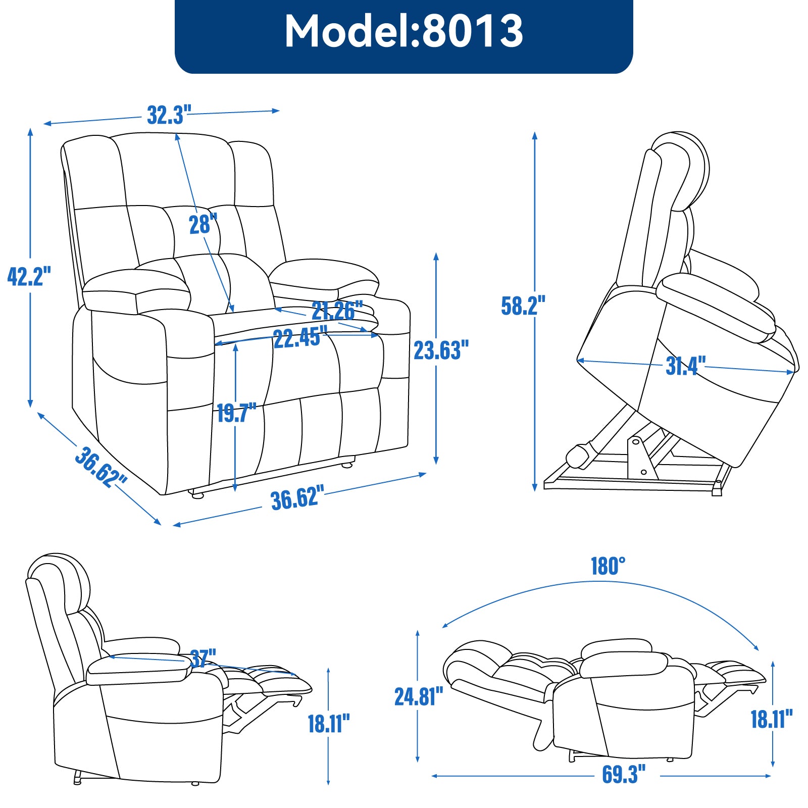 Blue Dual Motor Infinite Position Up To 350 Lbs Chenille Power Lift Recliner Chair, Heavy Duty Motion Mechanism With 8 Point Vibration Massage And Lumbar Heating, Dual Cup Holders White Metal