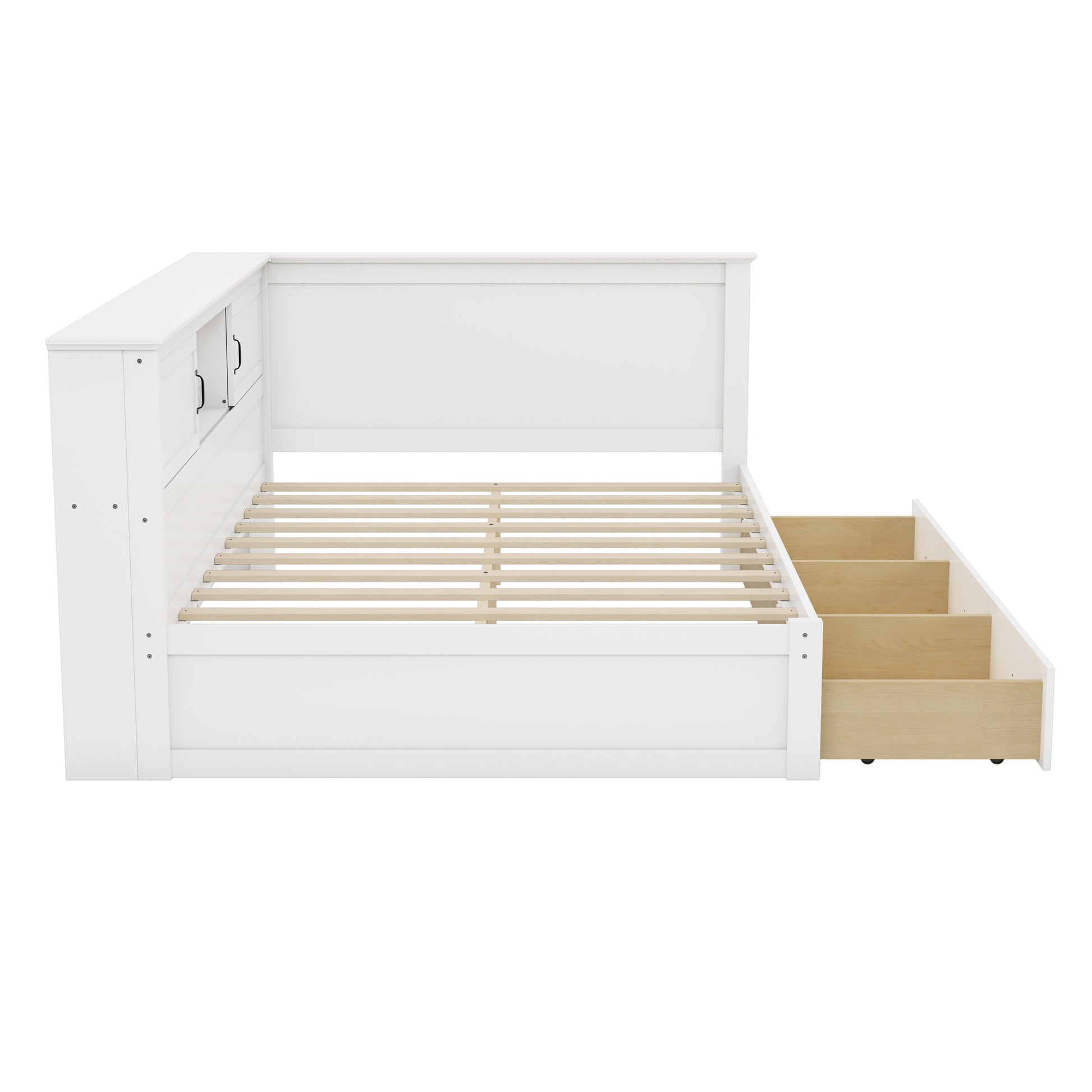 L Shaped Bed Frame With Drawer And And Bookcase,Corner Bed Wooden Captain Bed With Led Downlight And Usb Port For Small Room,Bedroom, Guest Room, Full Size, White Box Spring Not Required Full White Wood Bedroom Mid Century Modern,Modern Pine Bed Frame