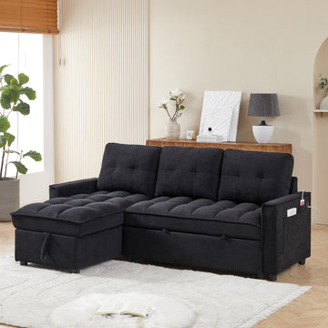 Mh 78.75" Reclining Sofa, Pull Out Sofa Bed With Usb And Tape C Charging Ports, L Shaped Sectional Sofa With Reclining Storage And Arm Side Organizer Pocket Features, Living Room Comfort Sofa Black