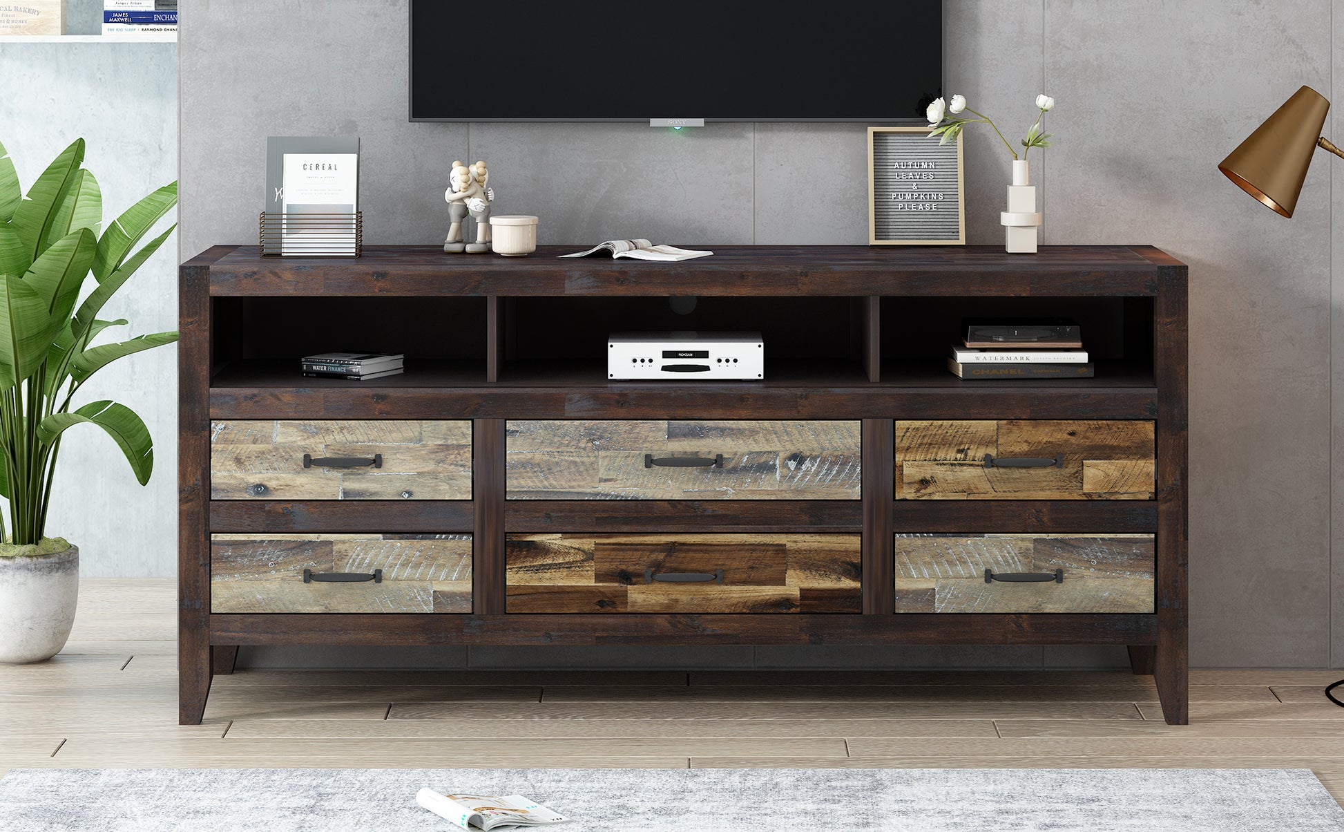 Retro Distressed Wooden Tv Stand For Tvs Up To 65 Inches, Entertainment Center Media Console With 6 Drawers And 3 Shelves For Living Room, Brown Brown 60 69 Inches Solid Wood Mdf