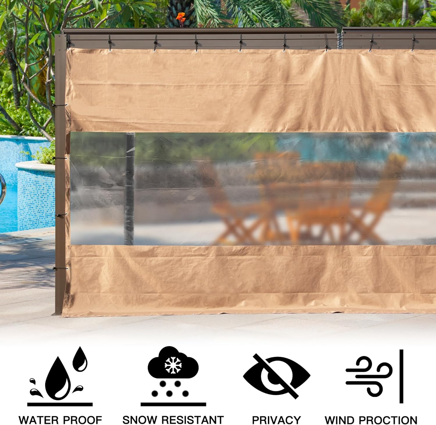 Heavy Duty Outdoor Clear Panel Curtain, 18 Oz Waterproof Pvc Polyester Curtain, Weather Resistant & Tearproof For Patios, Gazebos, Pergolas, Privacy Screen 10'H X 10'W, Brown Brown