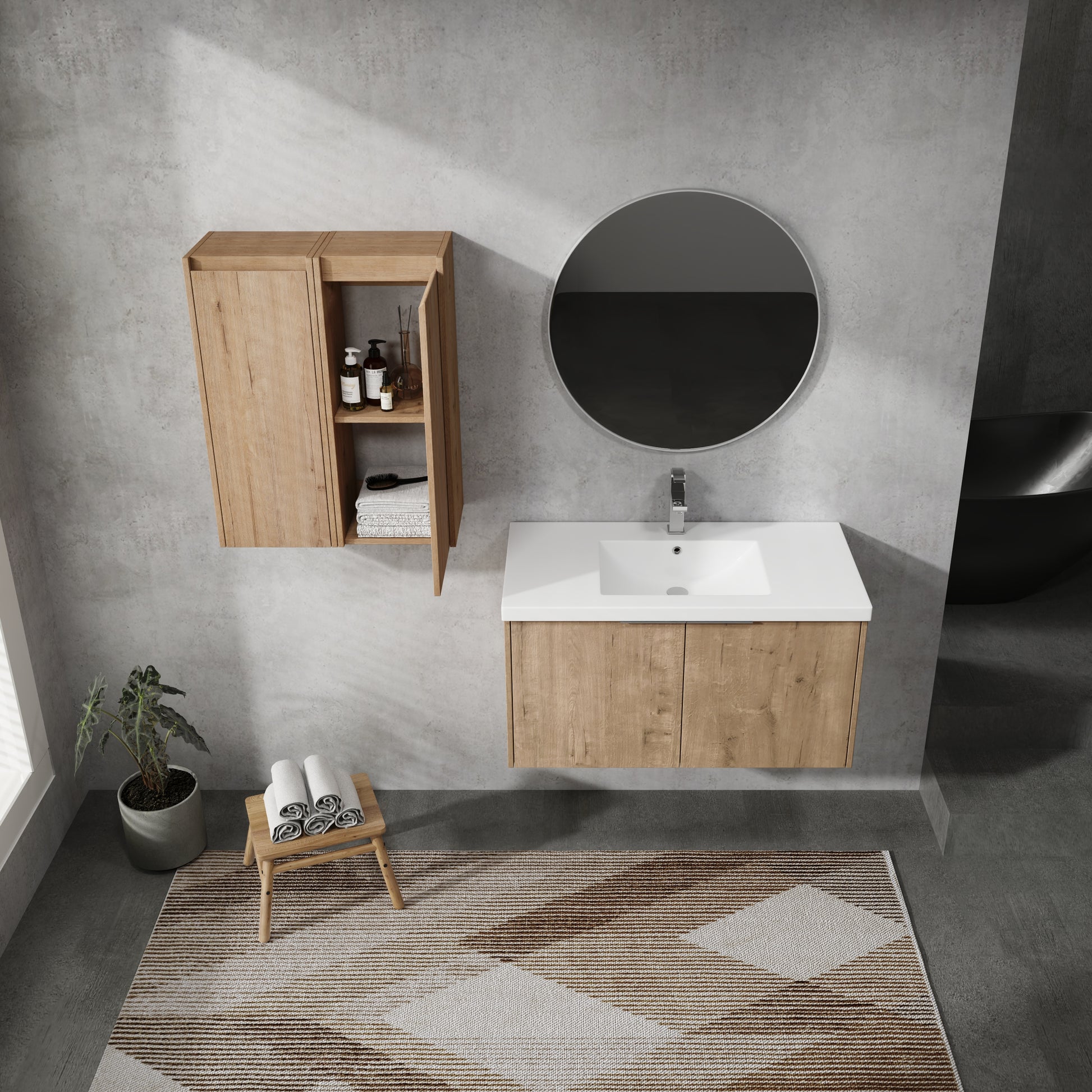 36" Wall Mounted Bathroom Vanity With Sink And Side Cabinet, Soft Close Doors,00112Imo X 2 00636Imo Combination Cabinet Kd Packing Imitative Oak Bathroom Modern Plywood Plywood